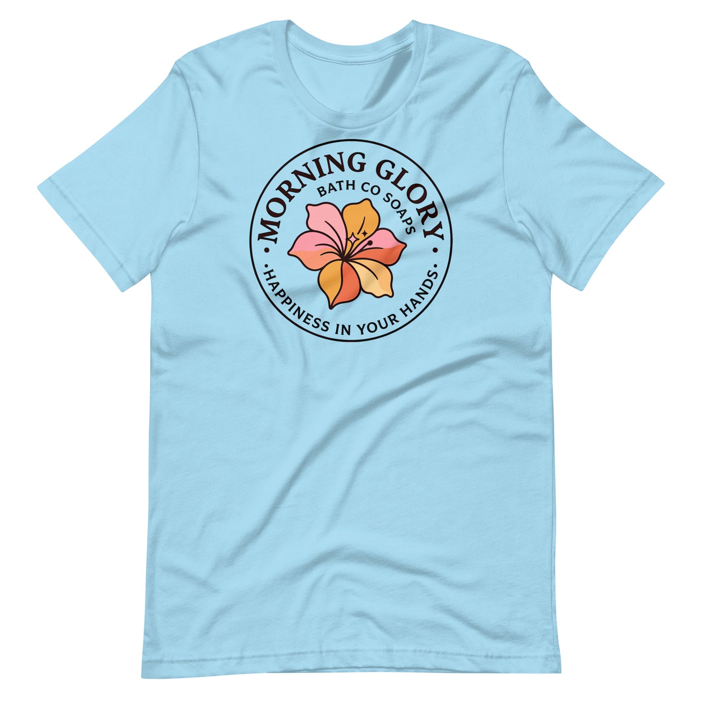 A ocean blue Morning Glory Bath Co t-shirt featuring the circular 'Happiness in Your Hands' floral logo against a plain white background