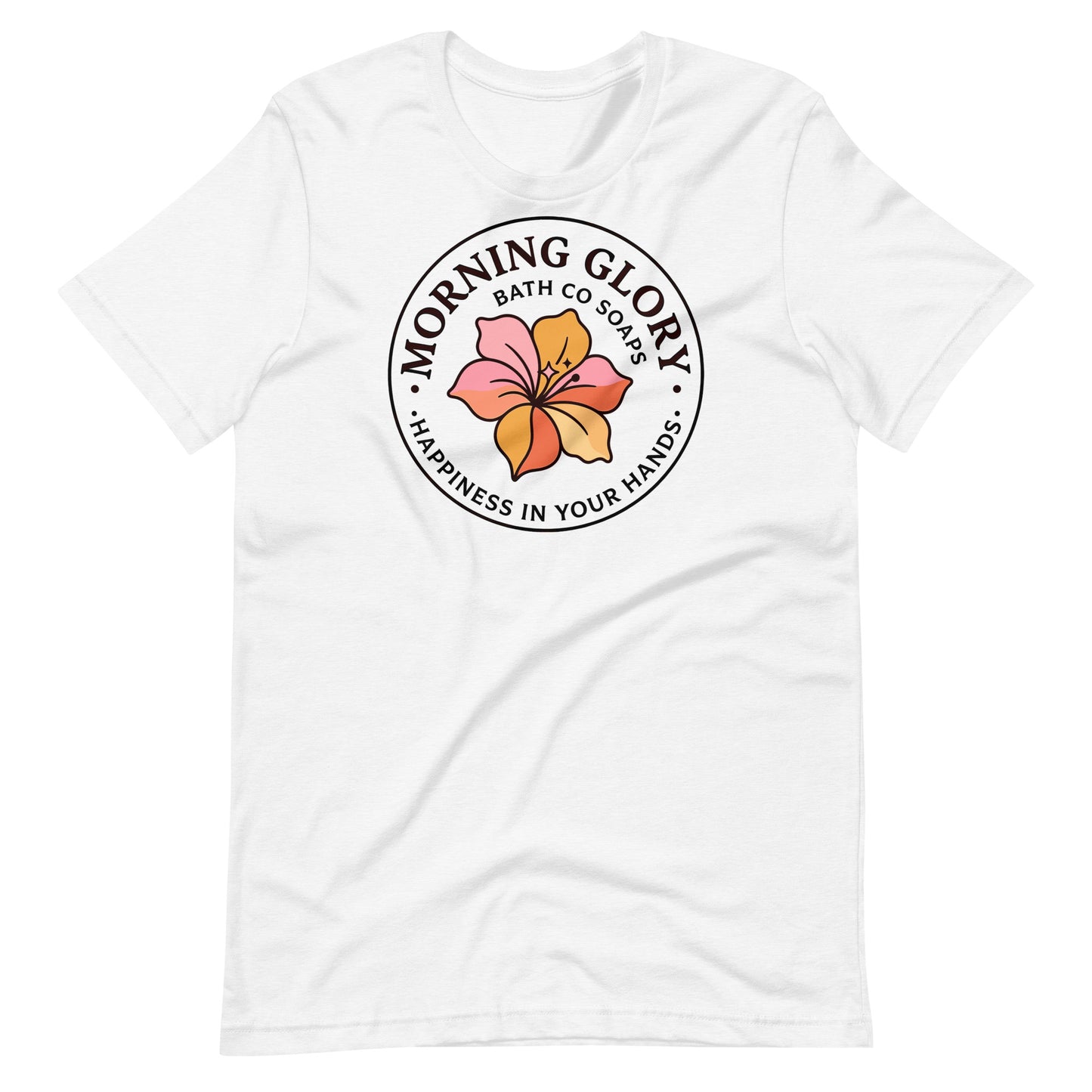 A solid white blend Morning Glory Bath Co t-shirt featuring the circular 'Happiness in Your Hands' floral logo against a plain white background