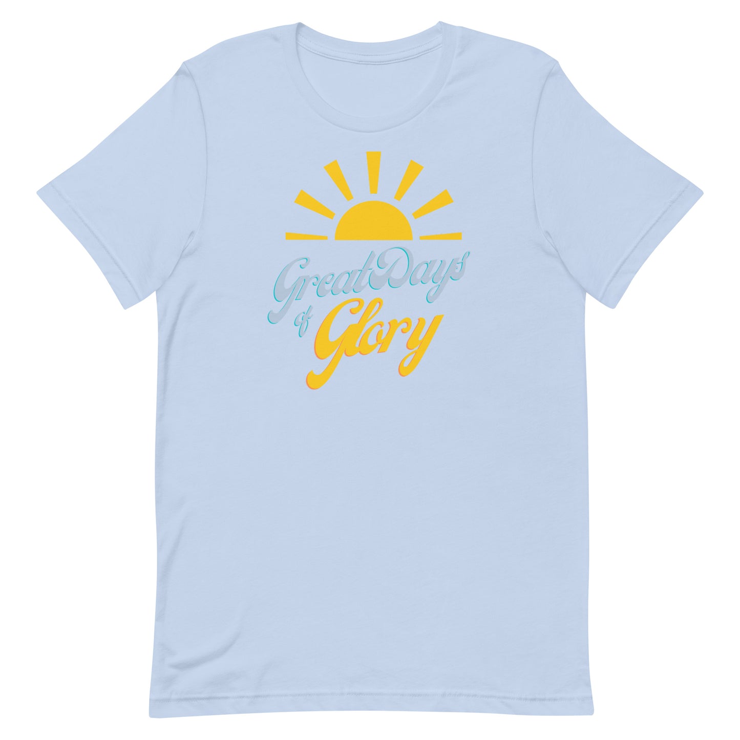 A baby blue Morning Glory Bath Co t-shirt with a yellow sun graphic and the text 'Great Days of Glory' against a plain white background