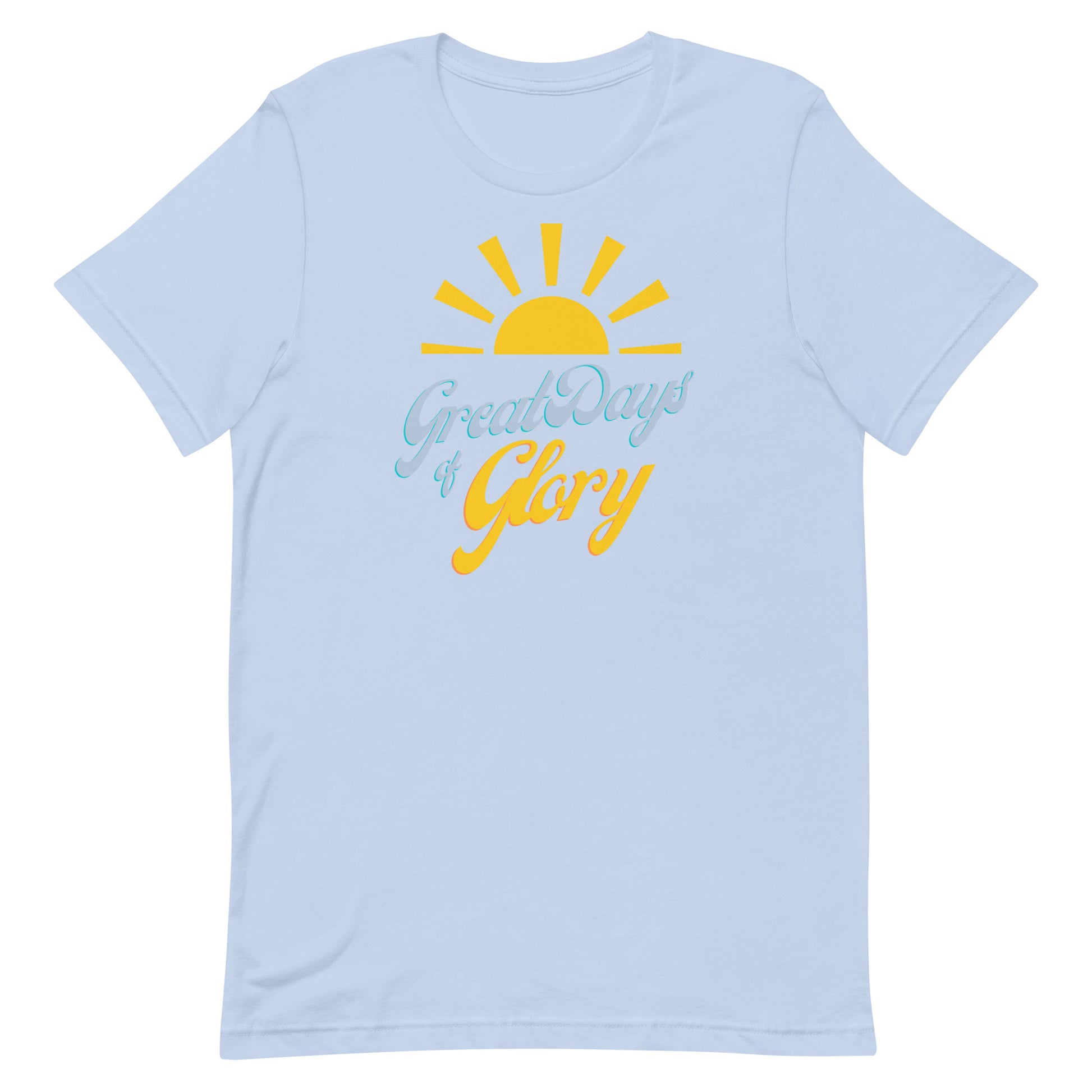 A baby blue Morning Glory Bath Co t-shirt with a yellow sun graphic and the text 'Great Days of Glory' against a plain white background