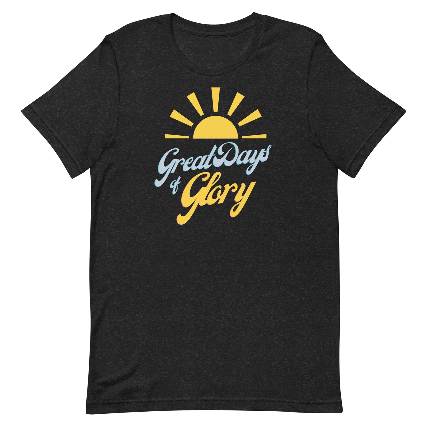 A black heather Morning Glory Bath Co t-shirt with a yellow sun graphic and the text 'Great Days of Glory' against a plain white background