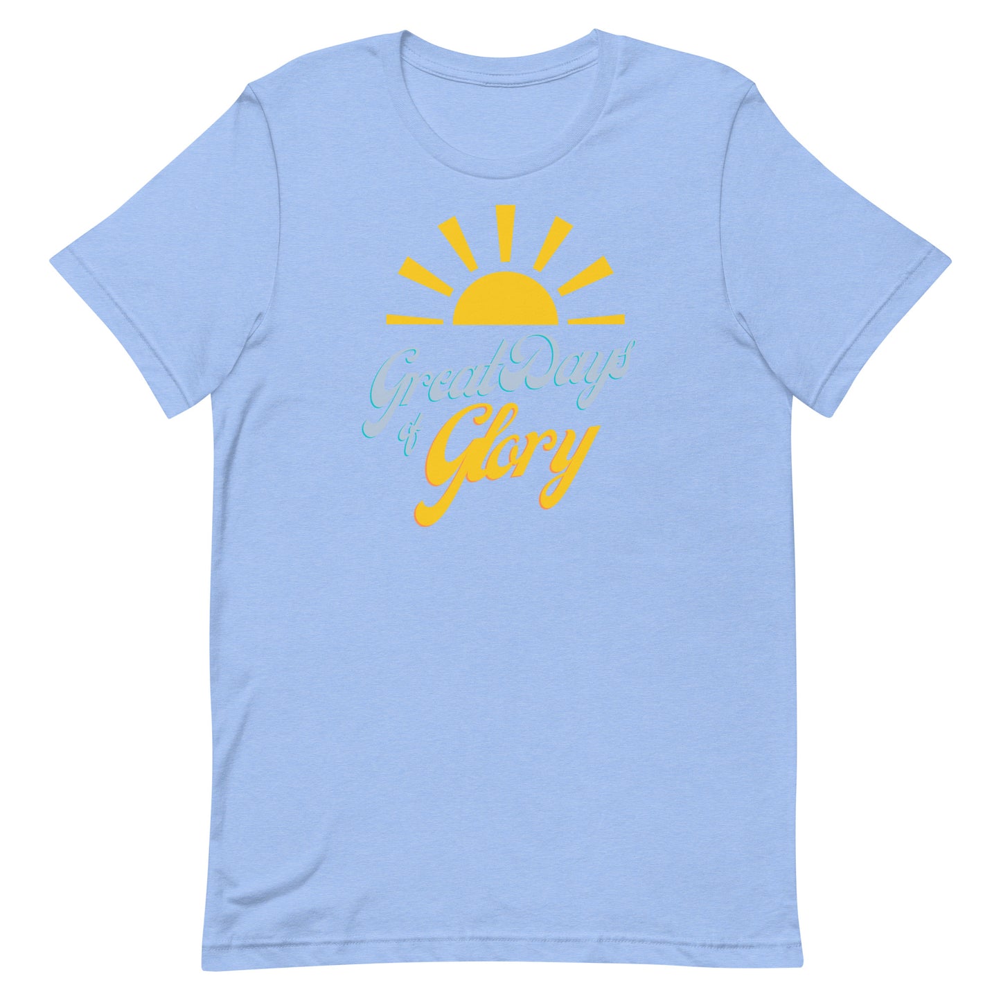 A heather Carolina blue Morning Glory Bath Co t-shirt with a yellow sun graphic and the text 'Great Days of Glory' against a plain white background