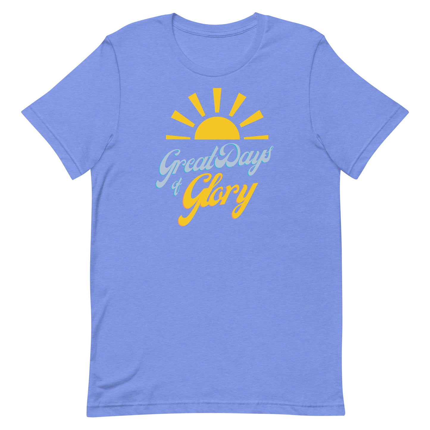 A heather Columbia blue Morning Glory Bath Co t-shirt with a yellow sun graphic and the text 'Great Days of Glory' against a plain white background