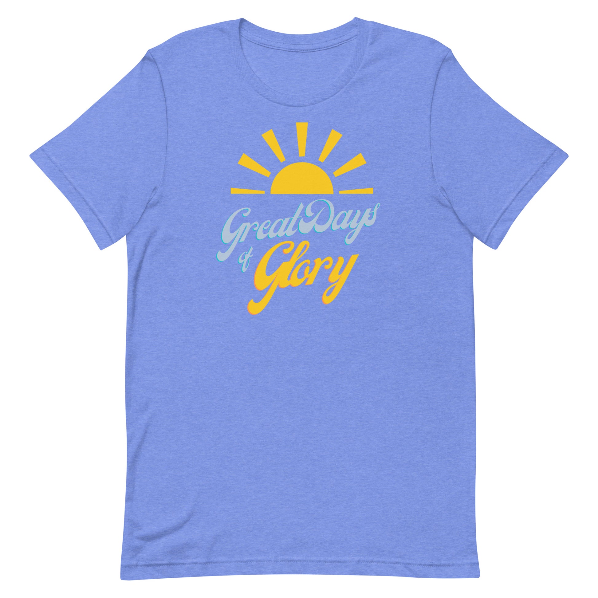 A heather Columbia blue Morning Glory Bath Co t-shirt with a yellow sun graphic and the text 'Great Days of Glory' against a plain white background