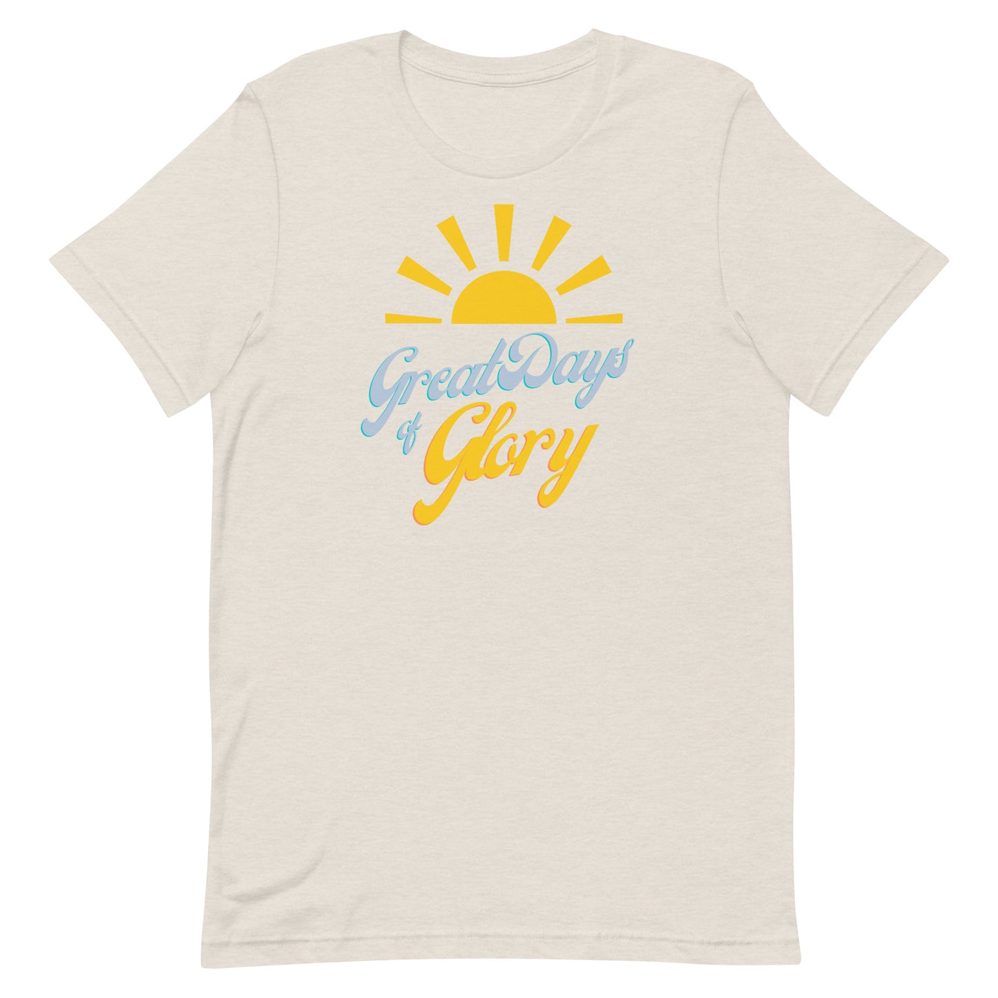 A heather dust Morning Glory Bath Co t-shirt with a yellow sun graphic and the text 'Great Days of Glory' against a plain white background
