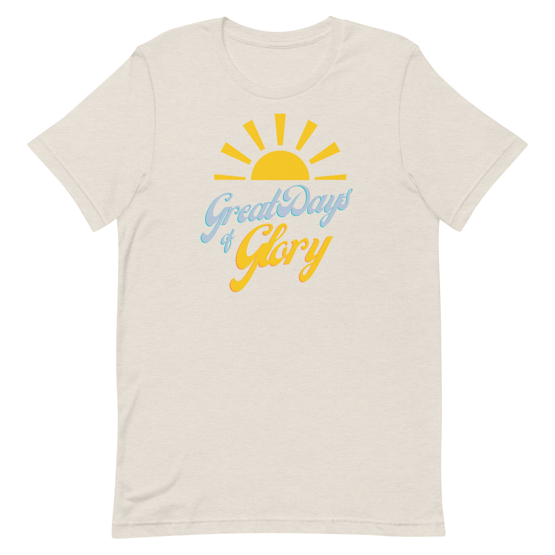 A heather dust Morning Glory Bath Co t-shirt with a yellow sun graphic and the text 'Great Days of Glory' against a plain white background
