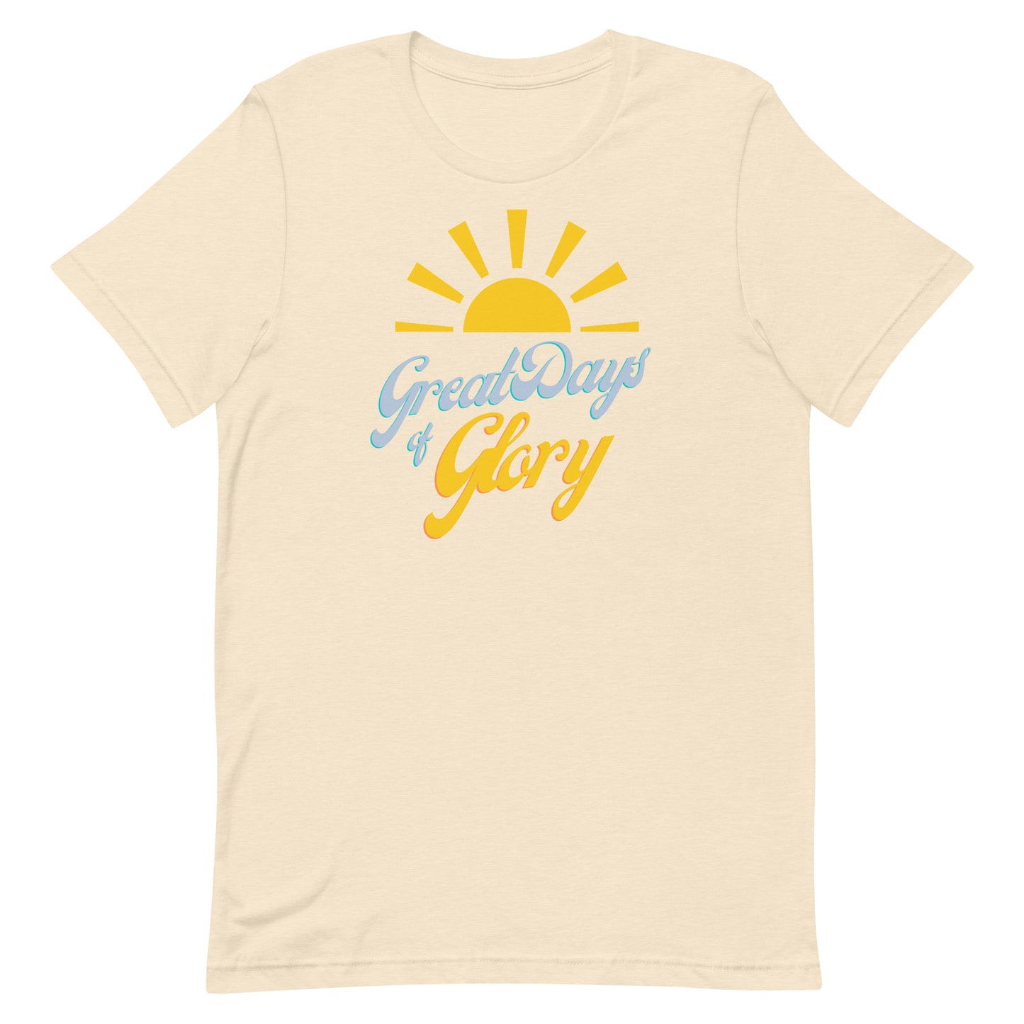 A heather natural Morning Glory Bath Co t-shirt with a yellow sun graphic and the text 'Great Days of Glory' against a plain white background