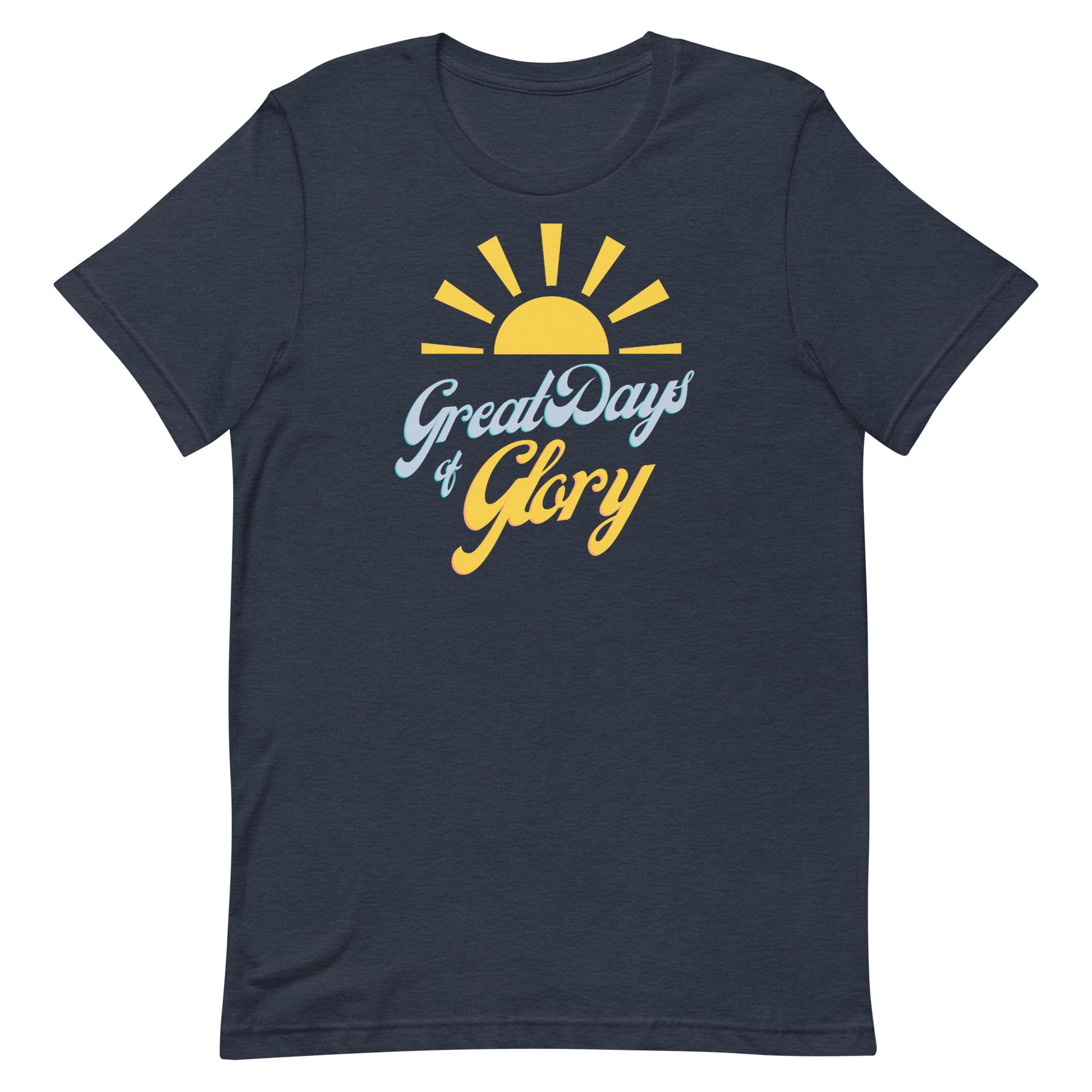 A heather navy Morning Glory Bath Co t-shirt with a yellow sun graphic and the text 'Great Days of Glory' against a plain white background