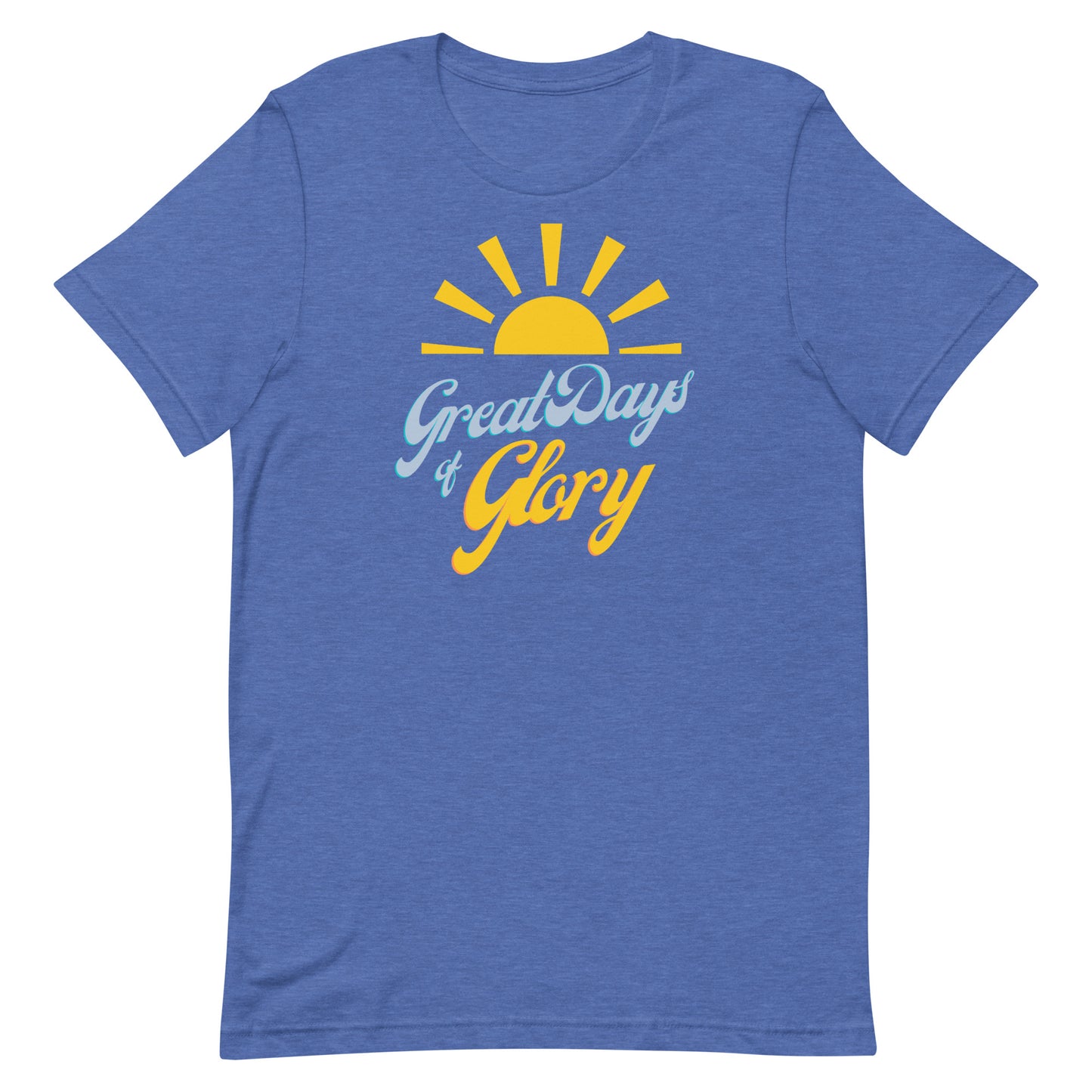 A heather true royal Morning Glory Bath Co t-shirt with a yellow sun graphic and the text 'Great Days of Glory' against a plain white background