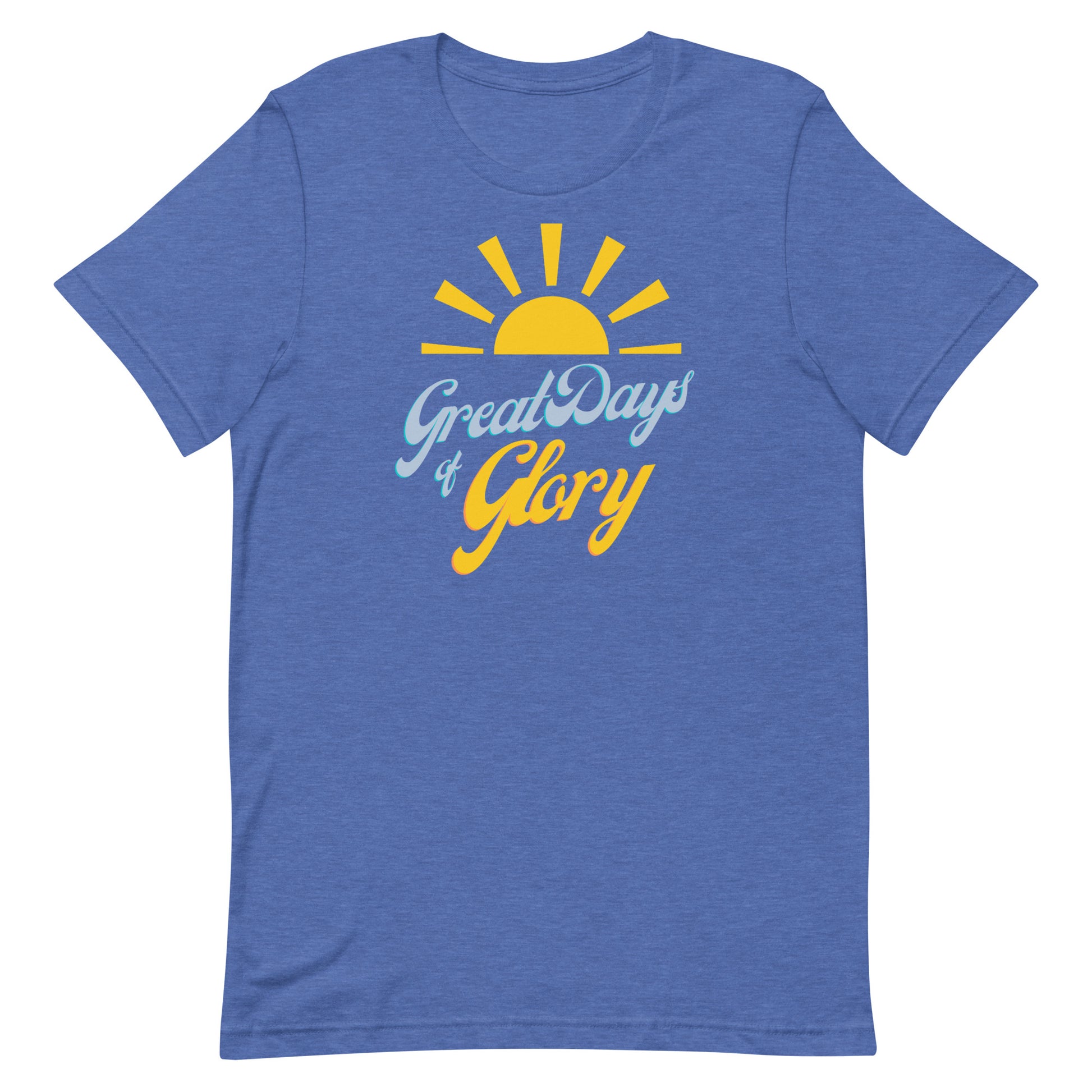 A heather true royal Morning Glory Bath Co t-shirt with a yellow sun graphic and the text 'Great Days of Glory' against a plain white background