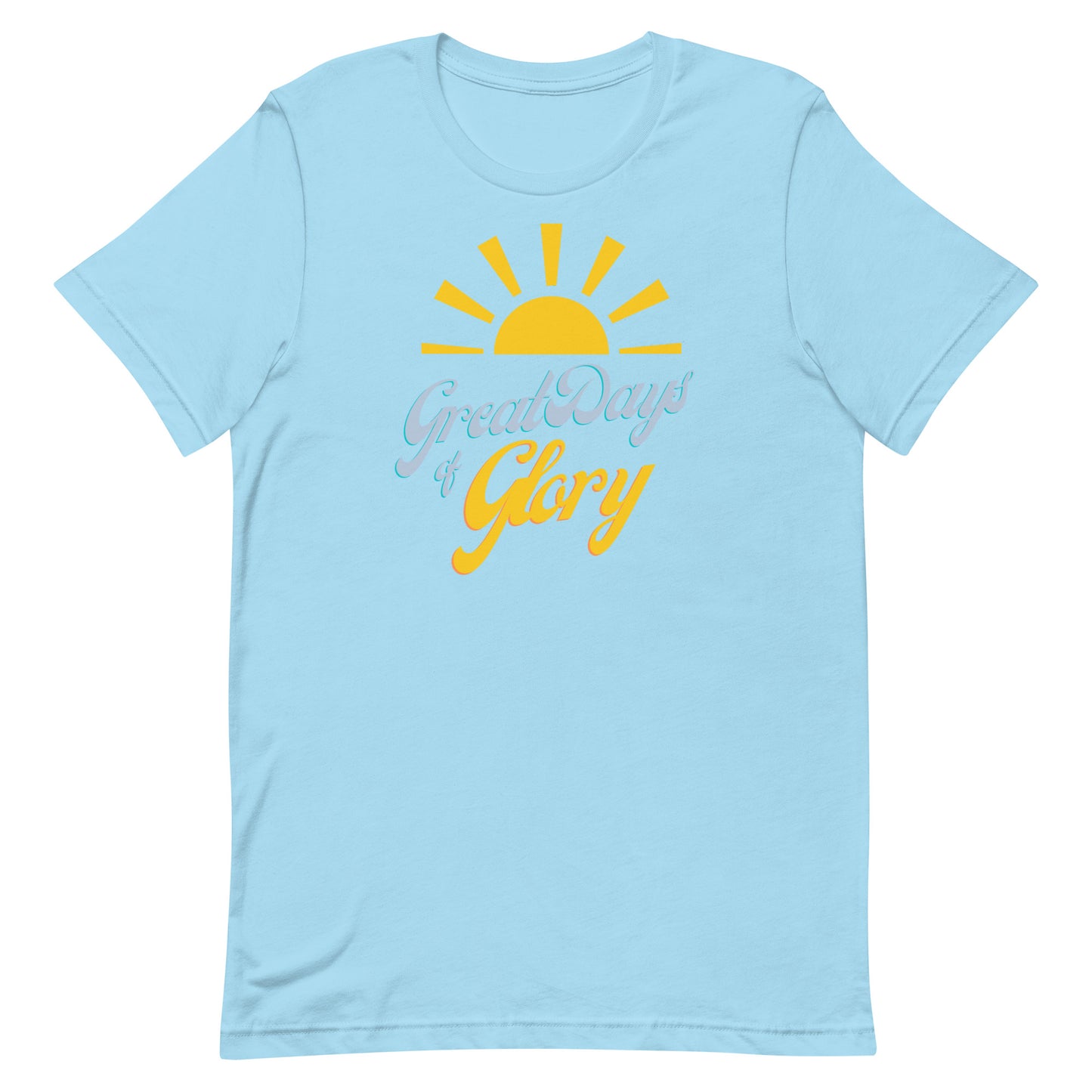 A ocean blue Morning Glory Bath Co t-shirt with a yellow sun graphic and the text 'Great Days of Glory' against a plain white background