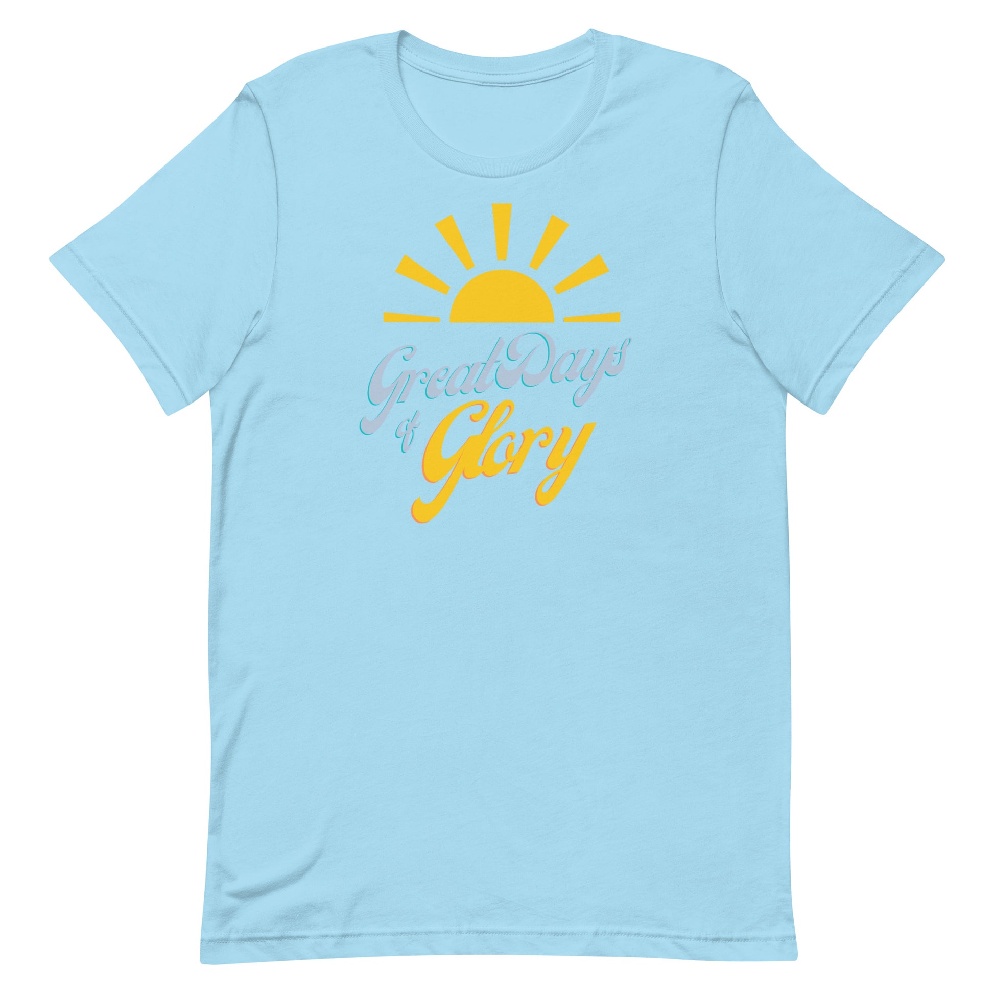 A ocean blue Morning Glory Bath Co t-shirt with a yellow sun graphic and the text 'Great Days of Glory' against a plain white background