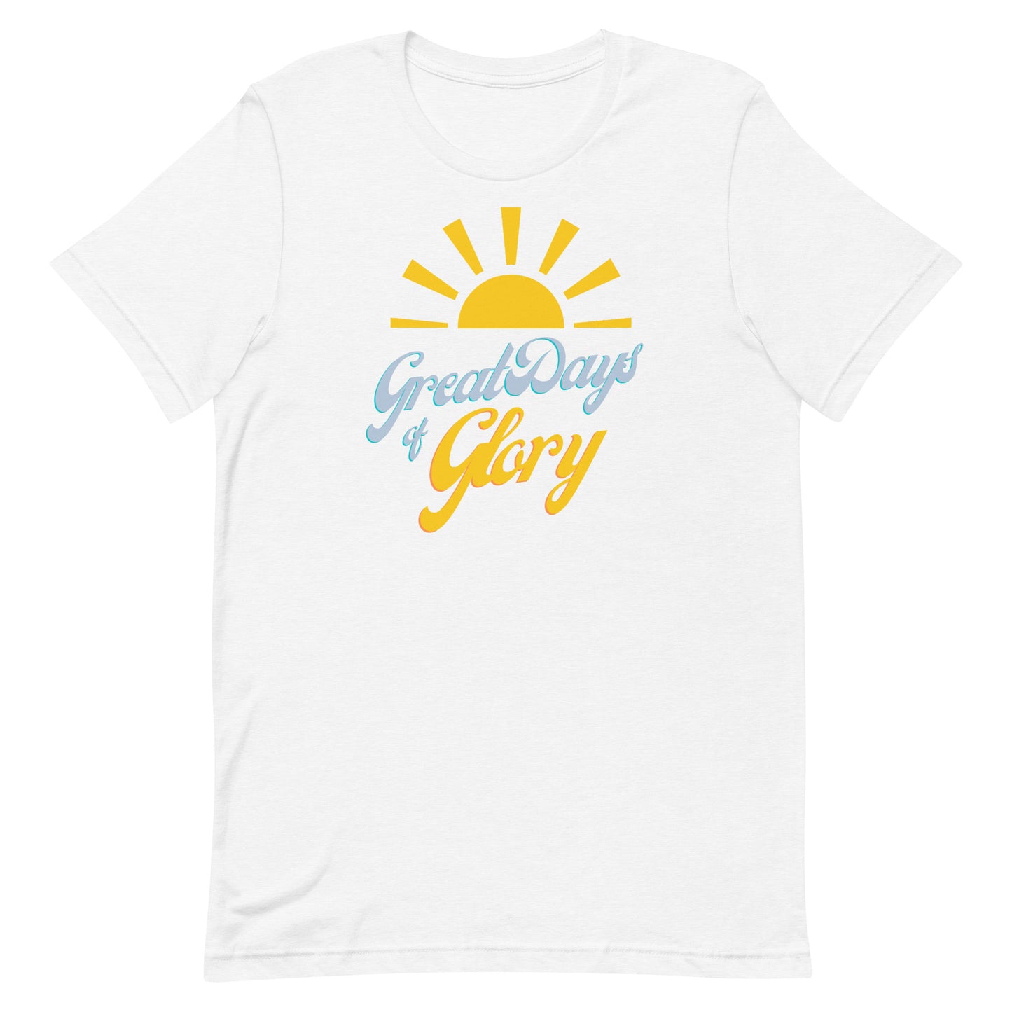 A solid white blend Morning Glory Bath Co t-shirt with a yellow sun graphic and the text 'Great Days of Glory' against a plain white background