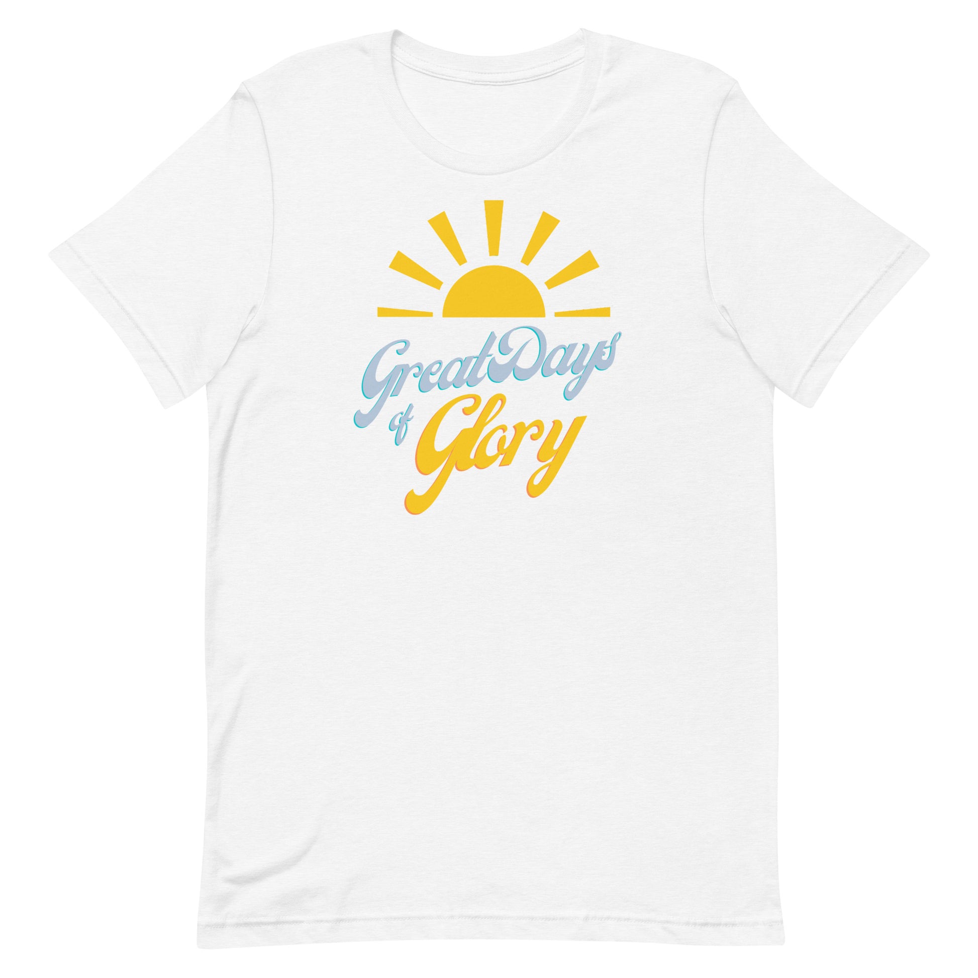 A solid white blend Morning Glory Bath Co t-shirt with a yellow sun graphic and the text 'Great Days of Glory' against a plain white background