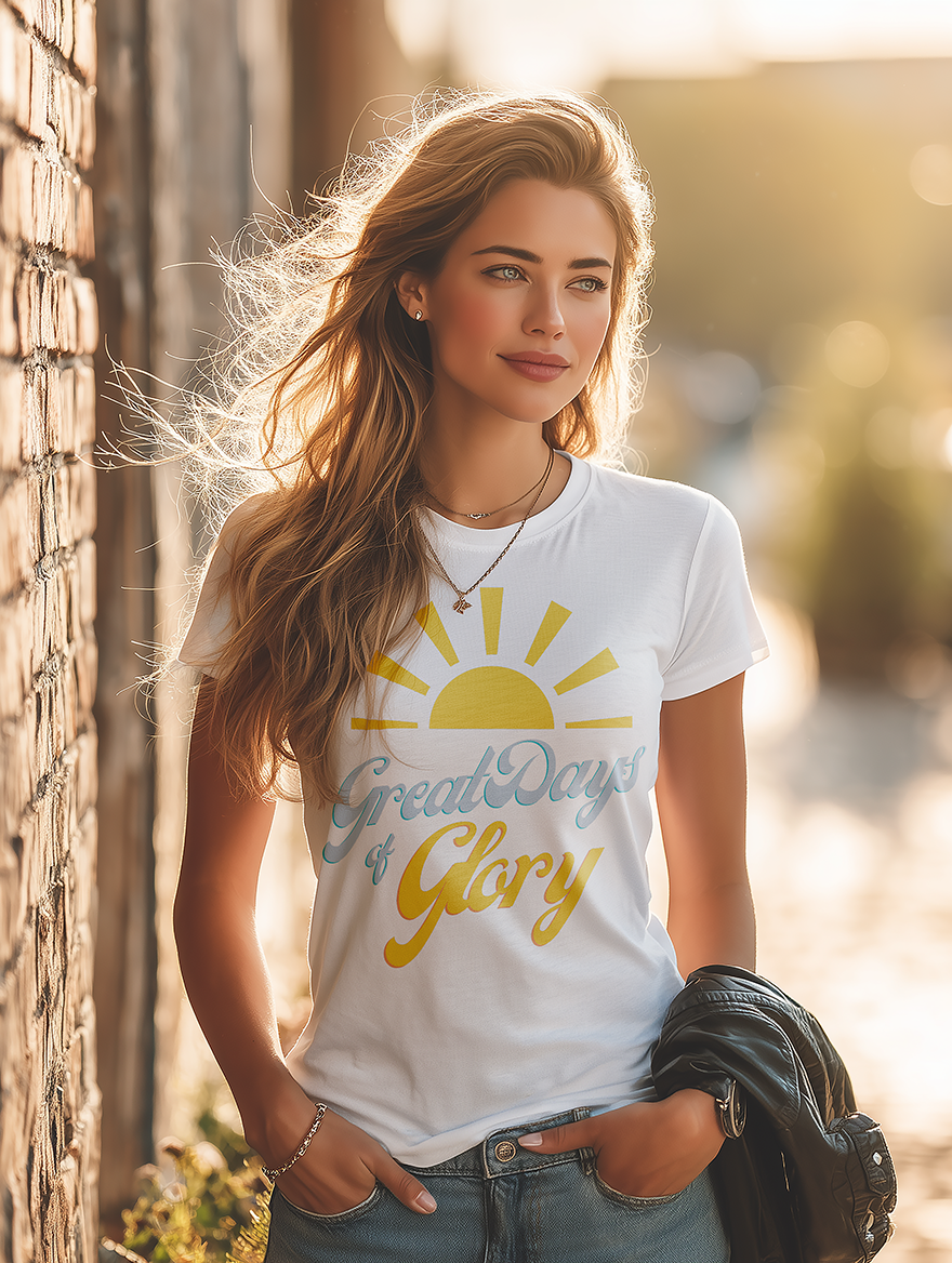 Woman wearing a white Morning Glory Bath Co t-shirt featuring a yellow sun graphic and the text 'Great Days of Glory' standing against a brick wall in warm sunlight