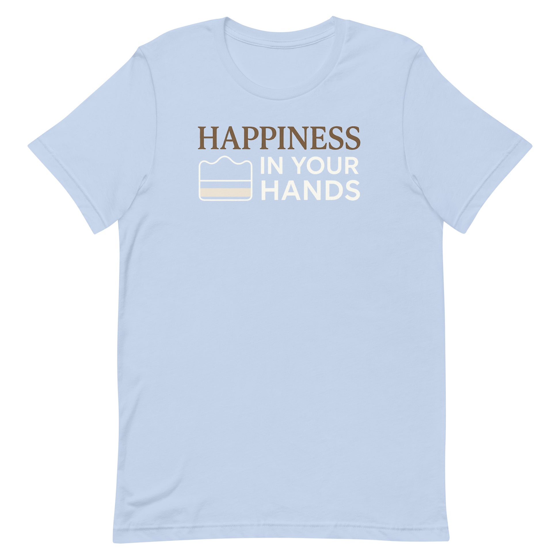 A baby blue Morning Glory Bath Co t-shirt featuring the 'Happiness in Your Hands' graphic against a plain white background