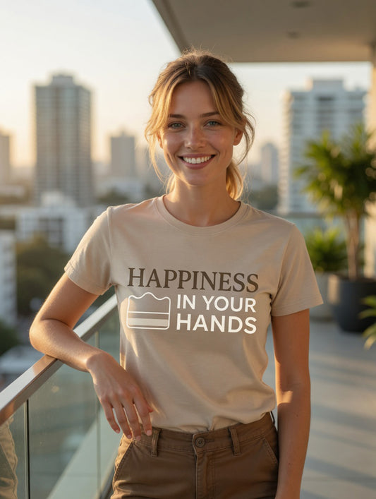 Smiling woman on a sunlit city balcony wearing a beige Morning Glory Bath Co t-shirt with the text 'Happiness in Your Hands