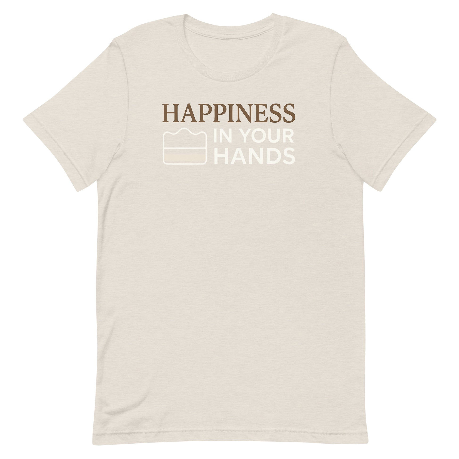 A heather dust Morning Glory Bath Co t-shirt featuring the 'Happiness in Your Hands' graphic against a plain white background