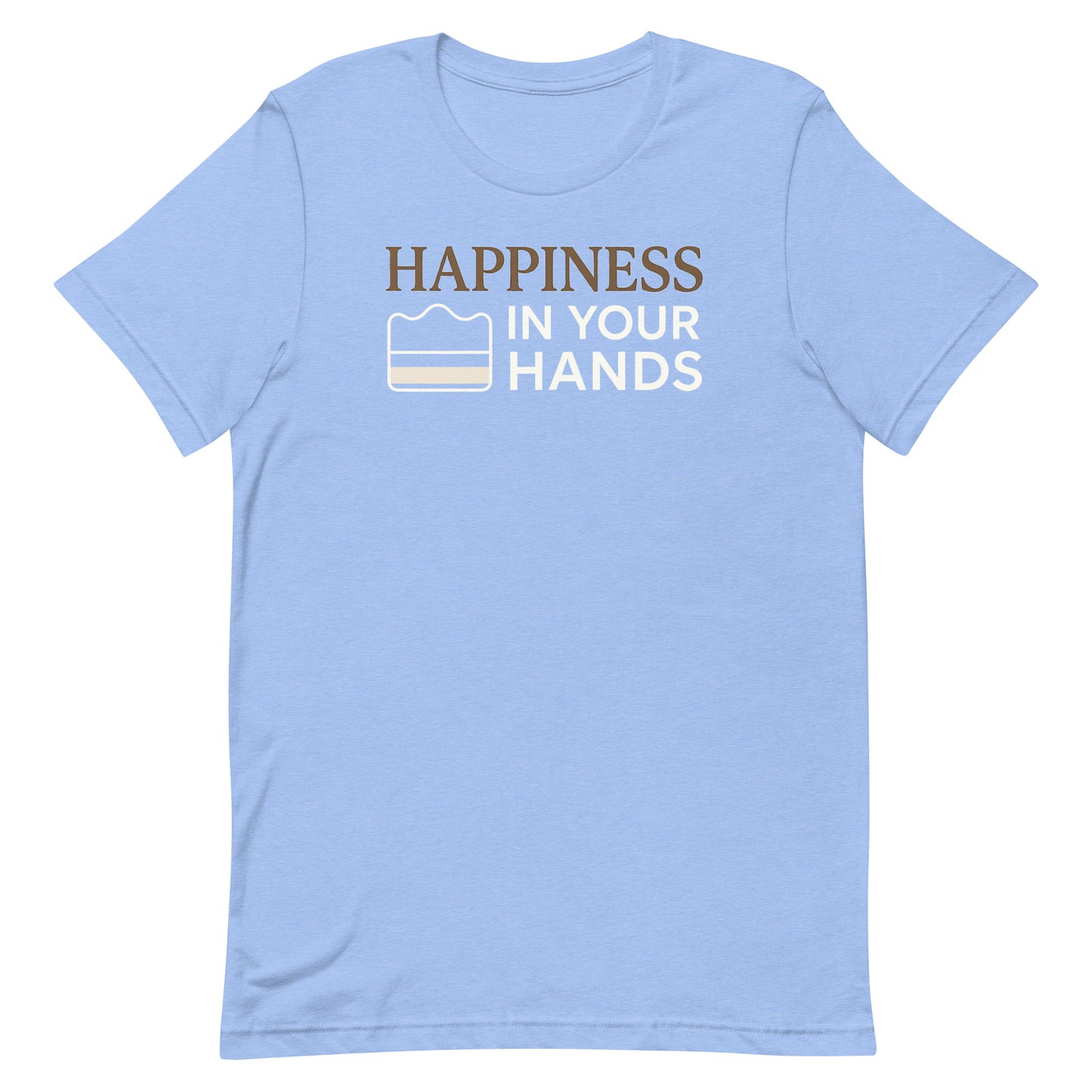 A heather Carolina blue Morning Glory Bath Co t-shirt featuring the 'Happiness in Your Hands' graphic against a plain white background