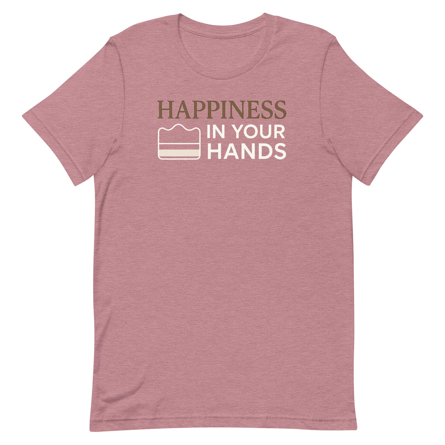 A heather orchid Morning Glory Bath Co t-shirt featuring the 'Happiness in Your Hands' graphic against a plain white background