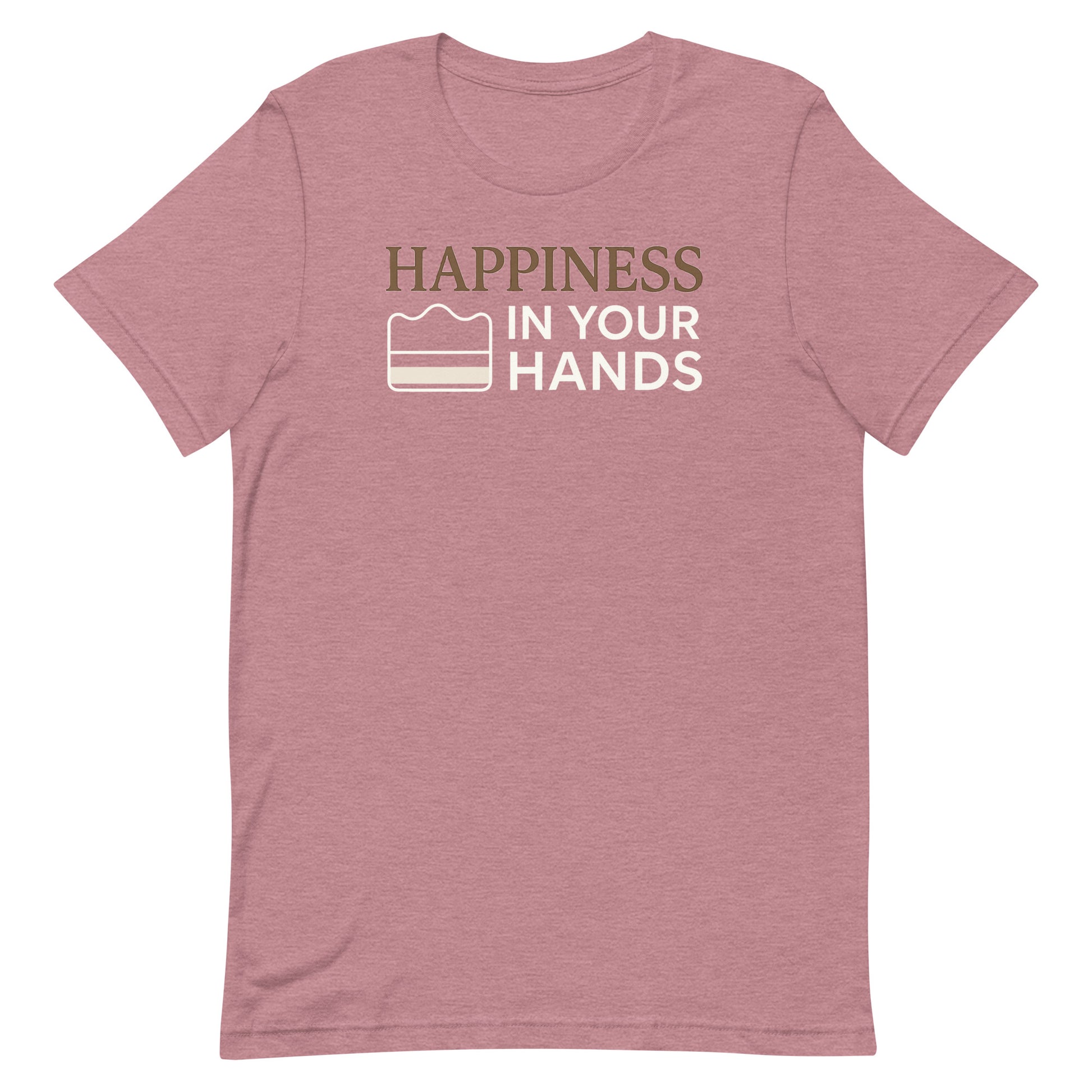 A heather orchid Morning Glory Bath Co t-shirt featuring the 'Happiness in Your Hands' graphic against a plain white background