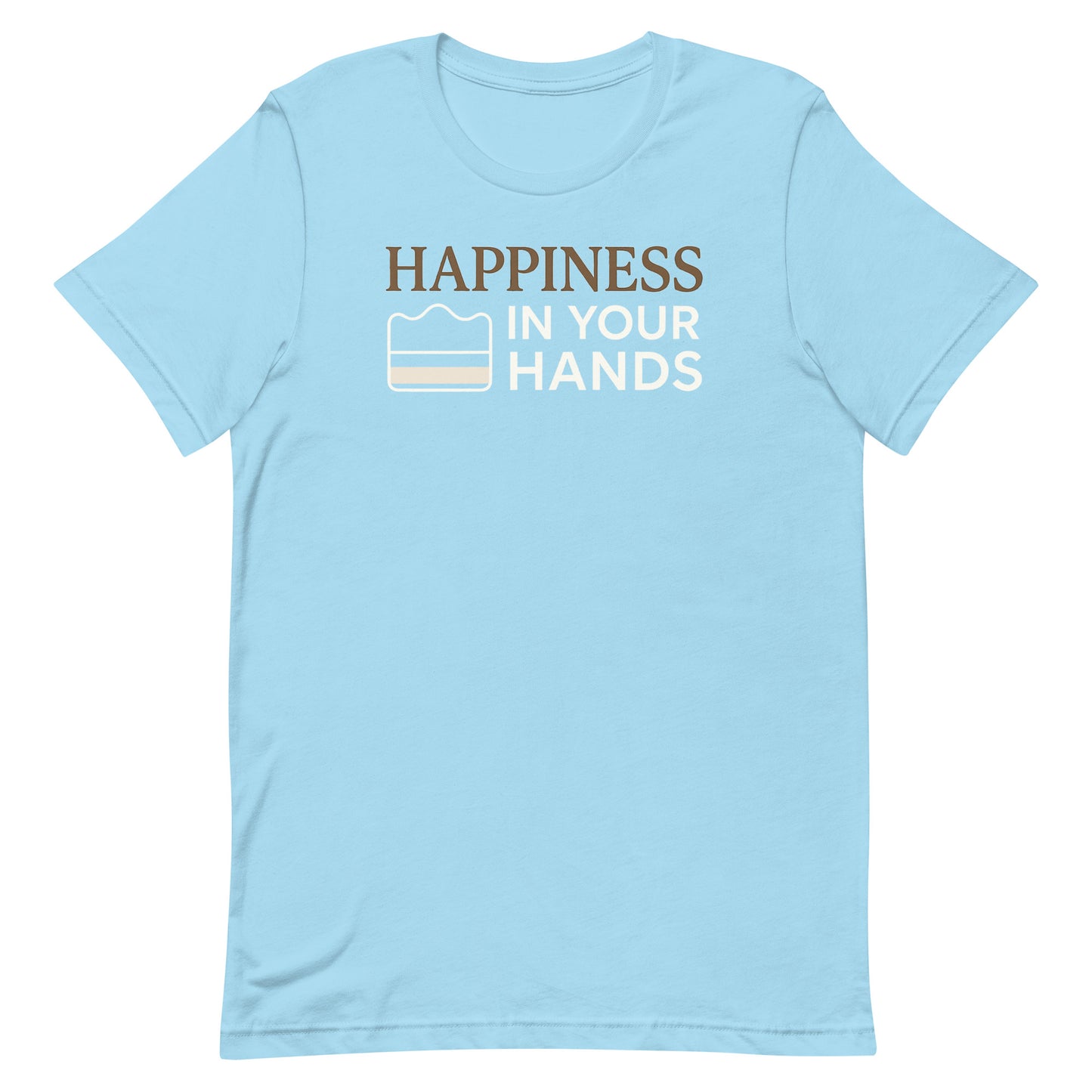 A ocean blue Morning Glory Bath Co t-shirt featuring the 'Happiness in Your Hands' graphic against a plain white background