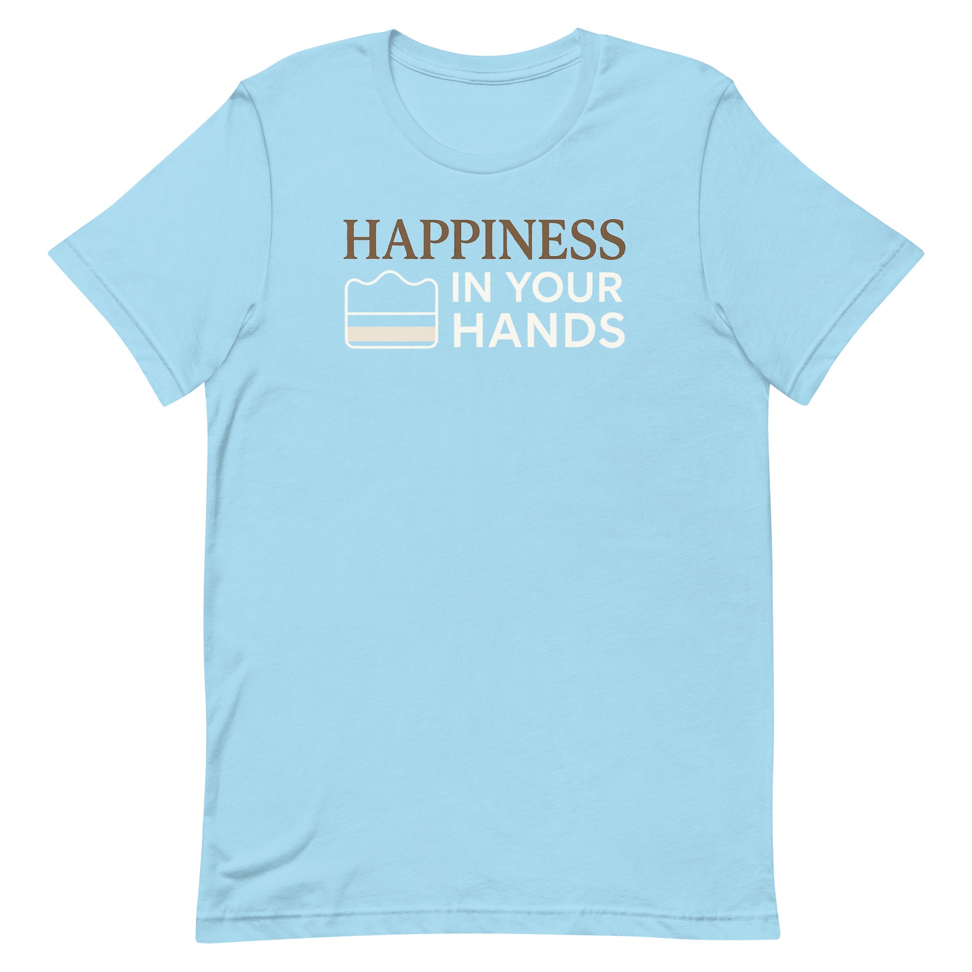 A ocean blue Morning Glory Bath Co t-shirt featuring the 'Happiness in Your Hands' graphic against a plain white background