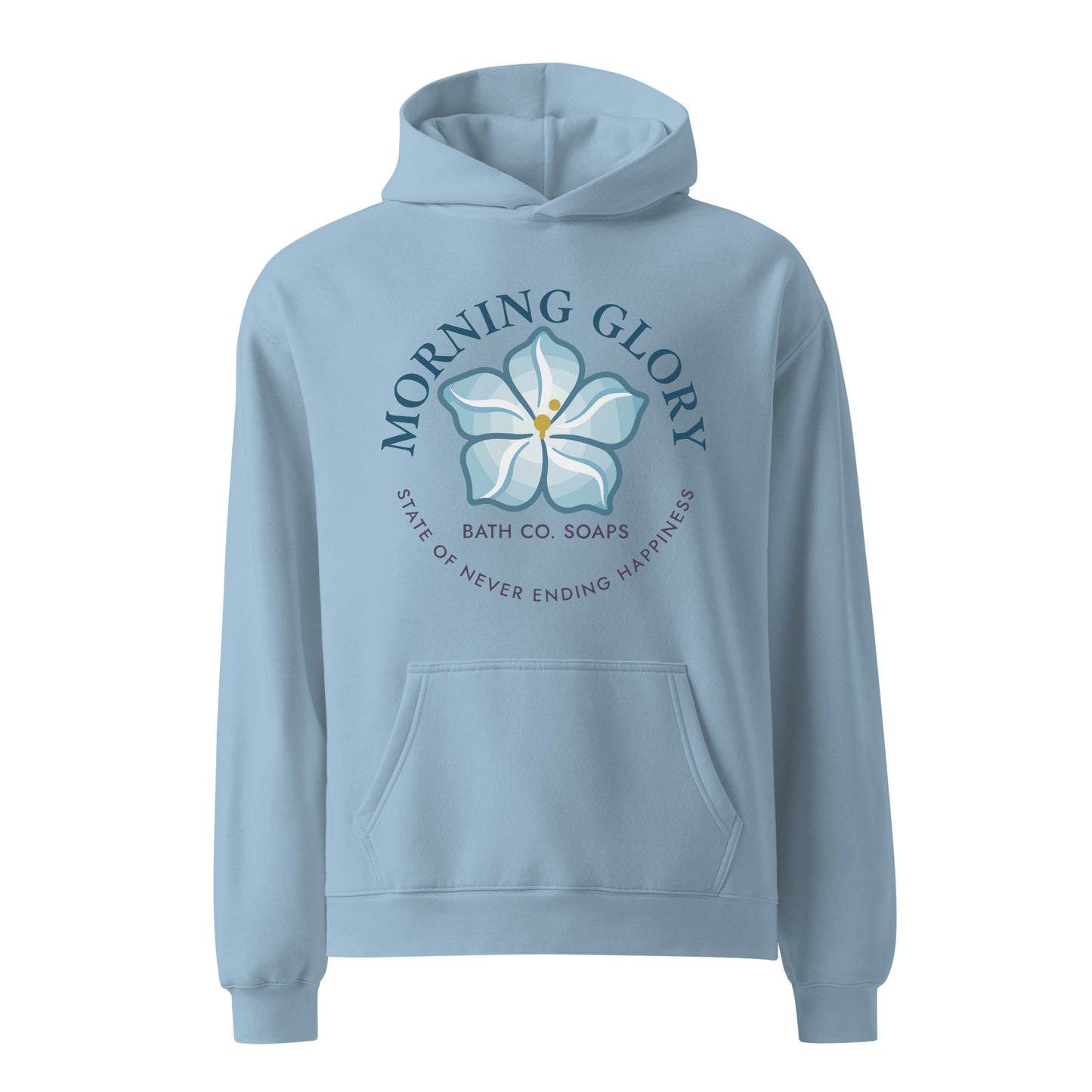 Carolina blue Morning Glory Bath Co hoodie with a large flower logo and "State of Never Ending Happiness" text on a plain white background