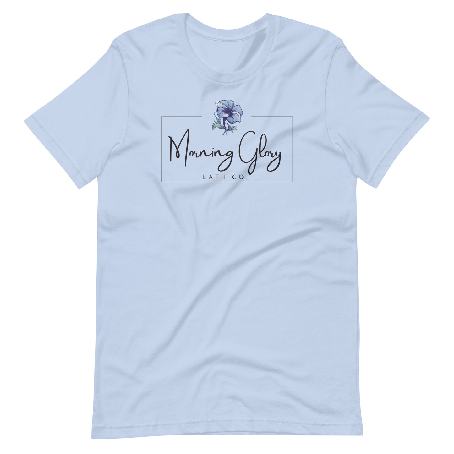 A baby blue Morning Glory Bath Co t-shirt featuring the brand logo with a blue flower graphic against a plain white background
