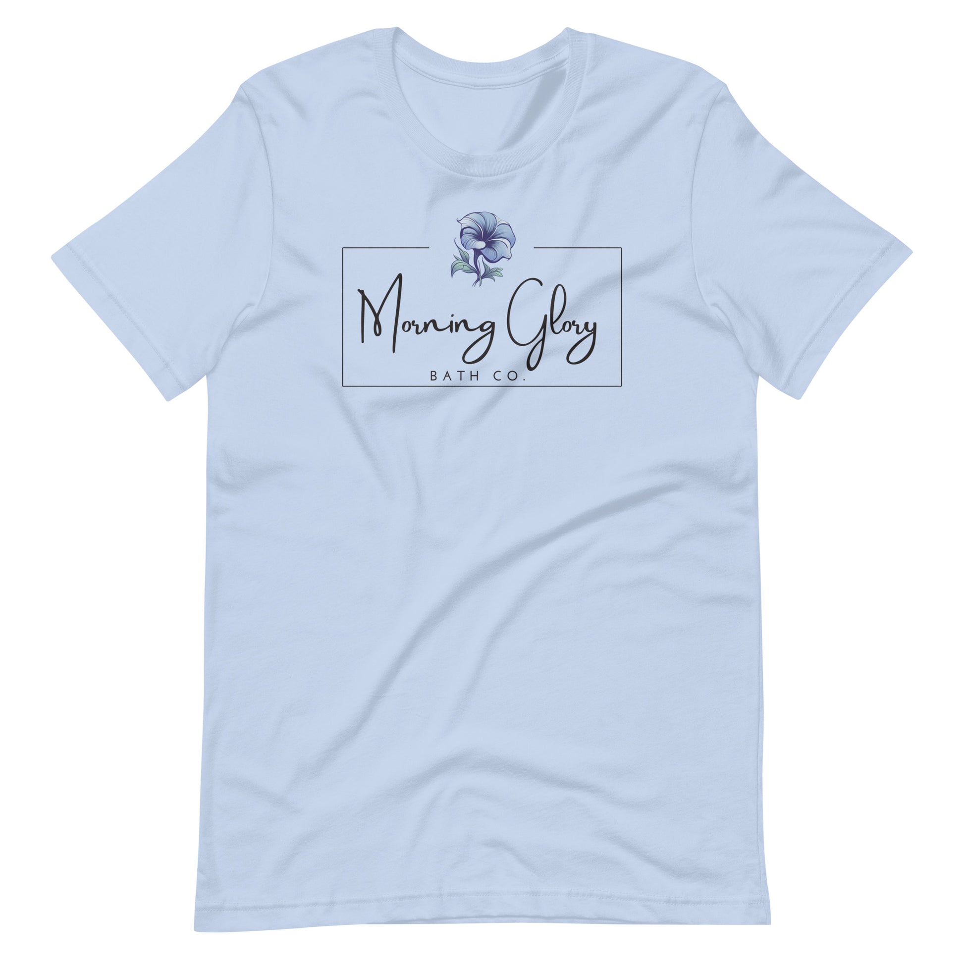 A baby blue Morning Glory Bath Co t-shirt featuring the brand logo with a blue flower graphic against a plain white background
