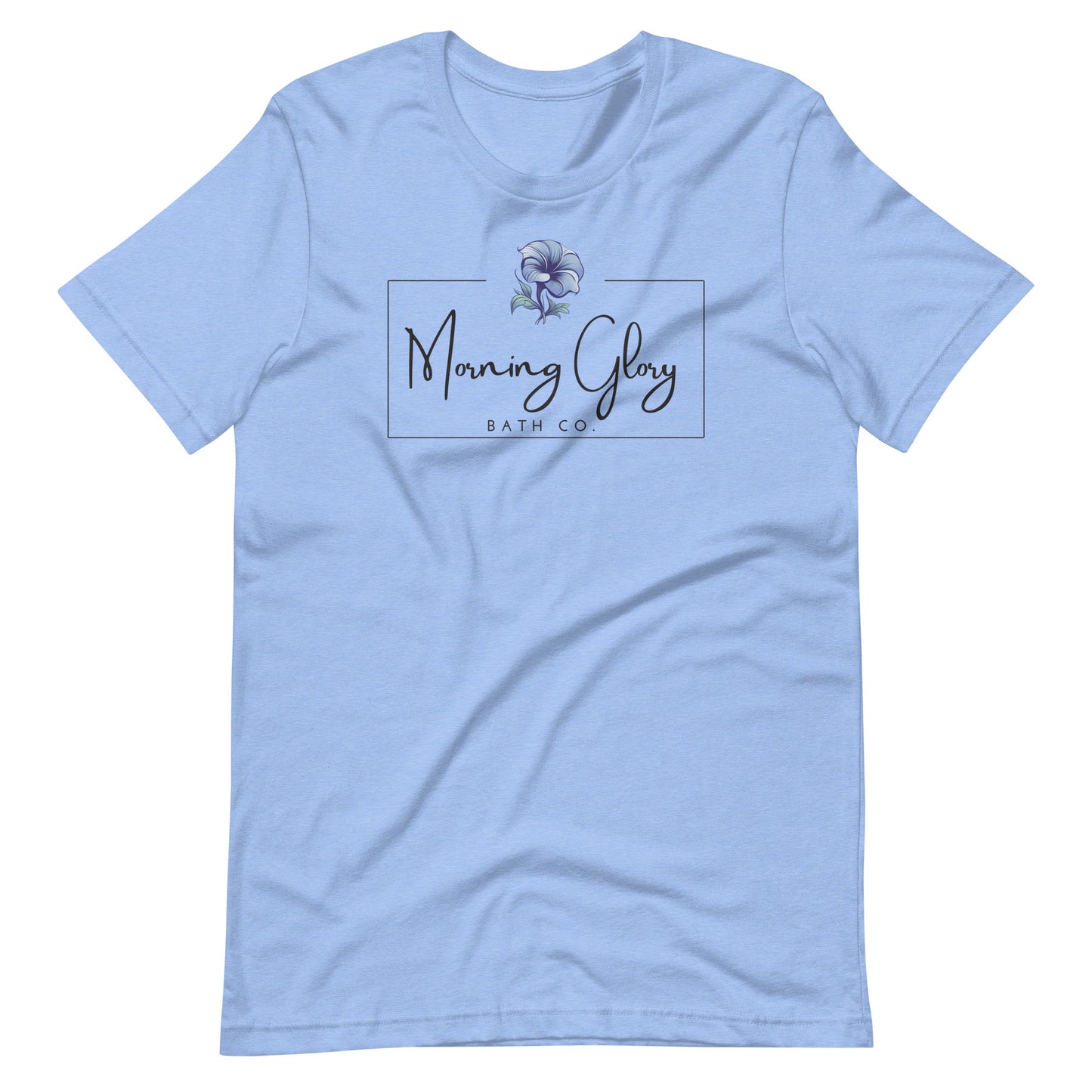 A heather Carolina blue Morning Glory Bath Co t-shirt featuring the brand logo with a blue flower graphic against a plain white background