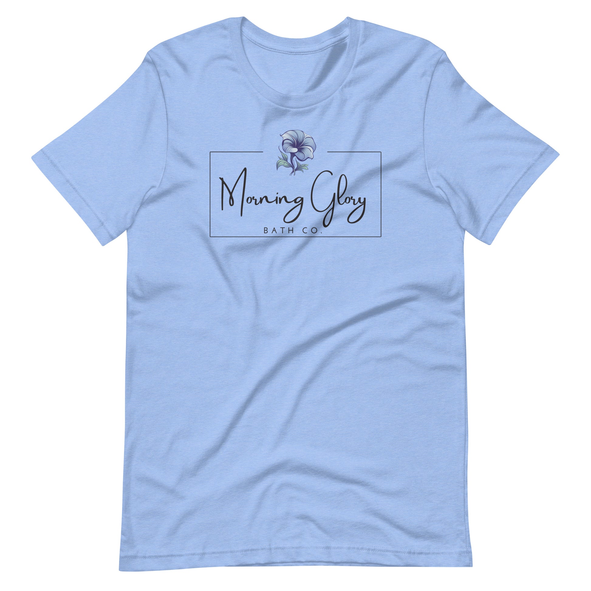 A heather Carolina blue Morning Glory Bath Co t-shirt featuring the brand logo with a blue flower graphic against a plain white background