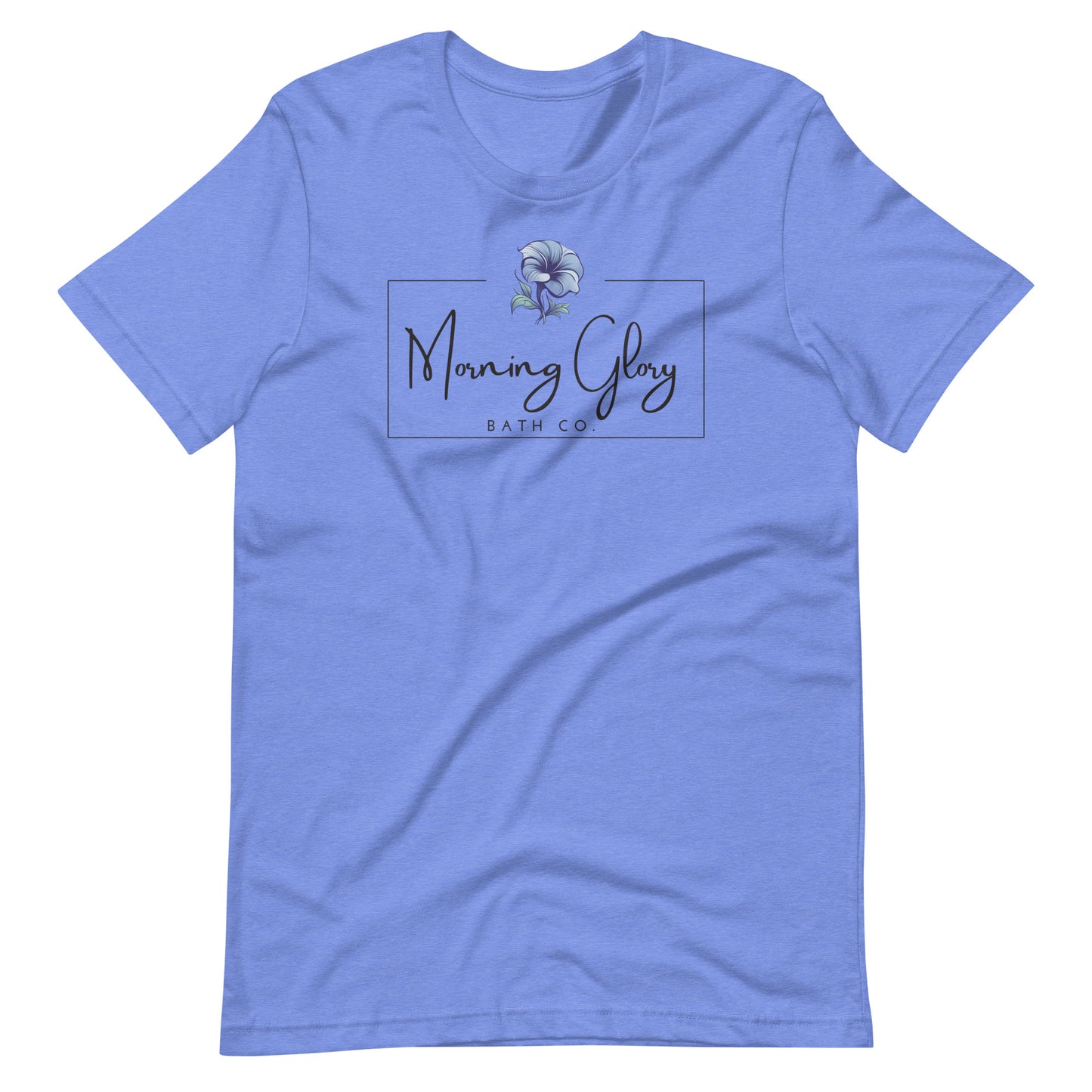A heather Columbia blue Morning Glory Bath Co t-shirt featuring the brand logo with a blue flower graphic against a plain white background