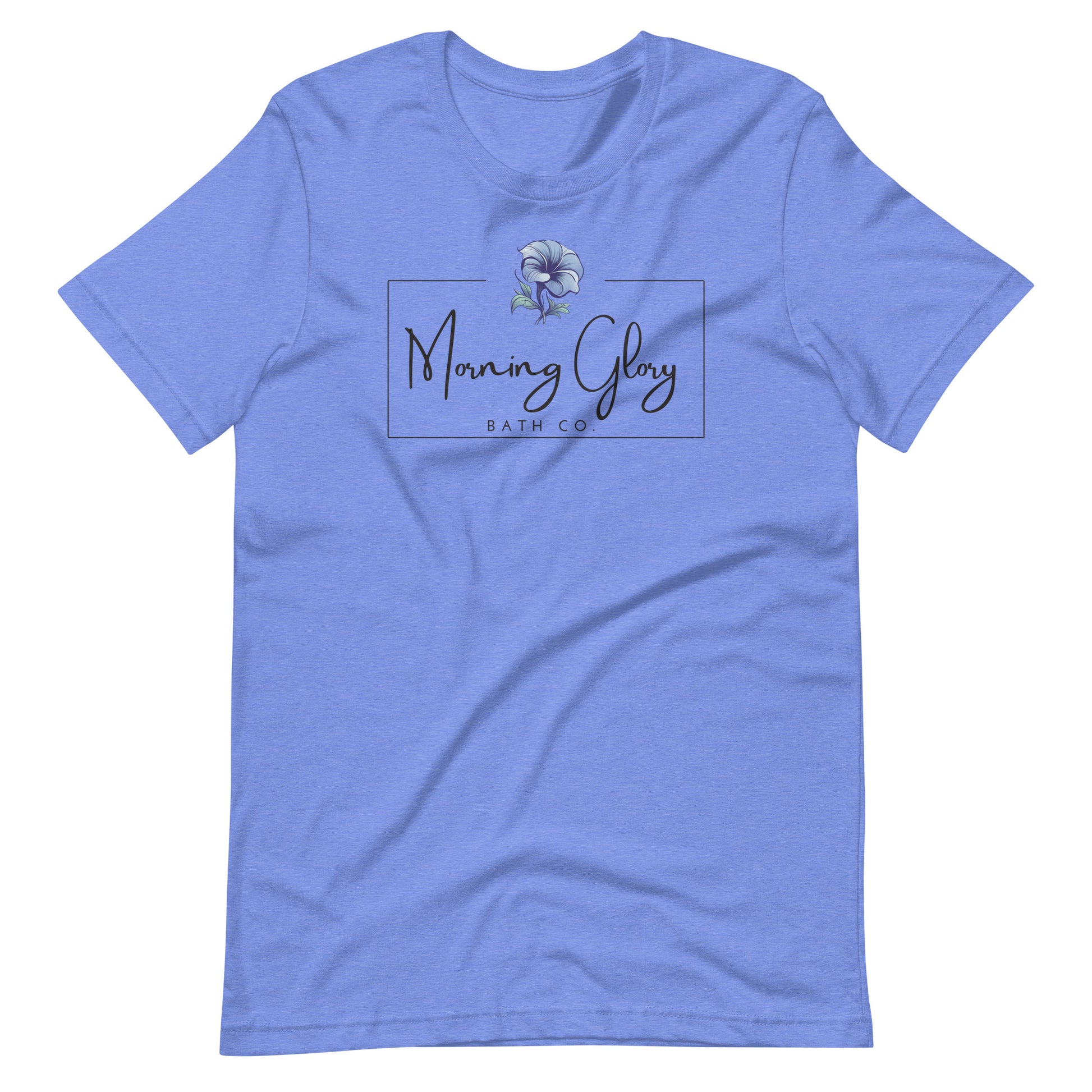 A heather Columbia blue Morning Glory Bath Co t-shirt featuring the brand logo with a blue flower graphic against a plain white background