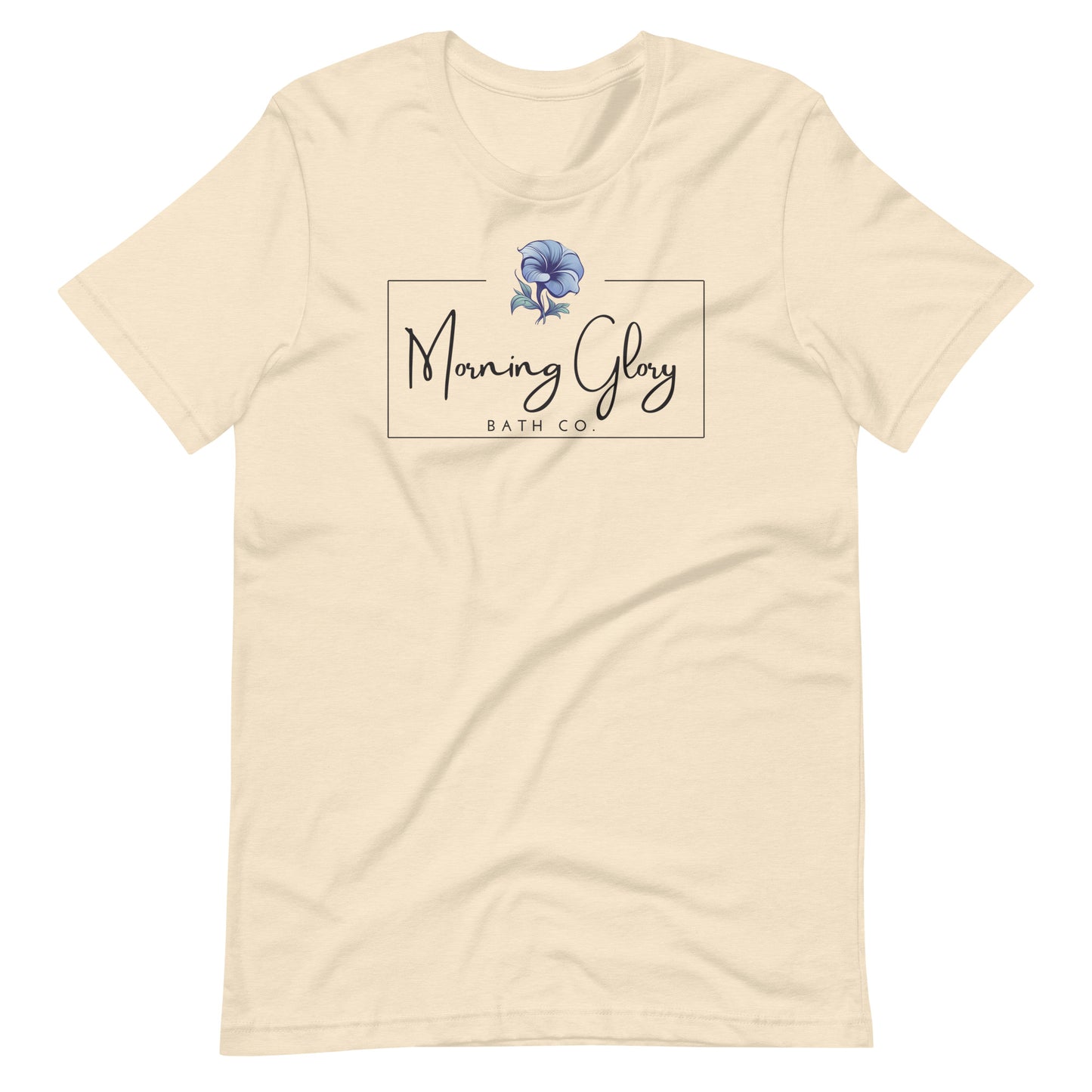 A heather natural Morning Glory Bath Co t-shirt featuring the brand logo with a blue flower graphic against a plain white background