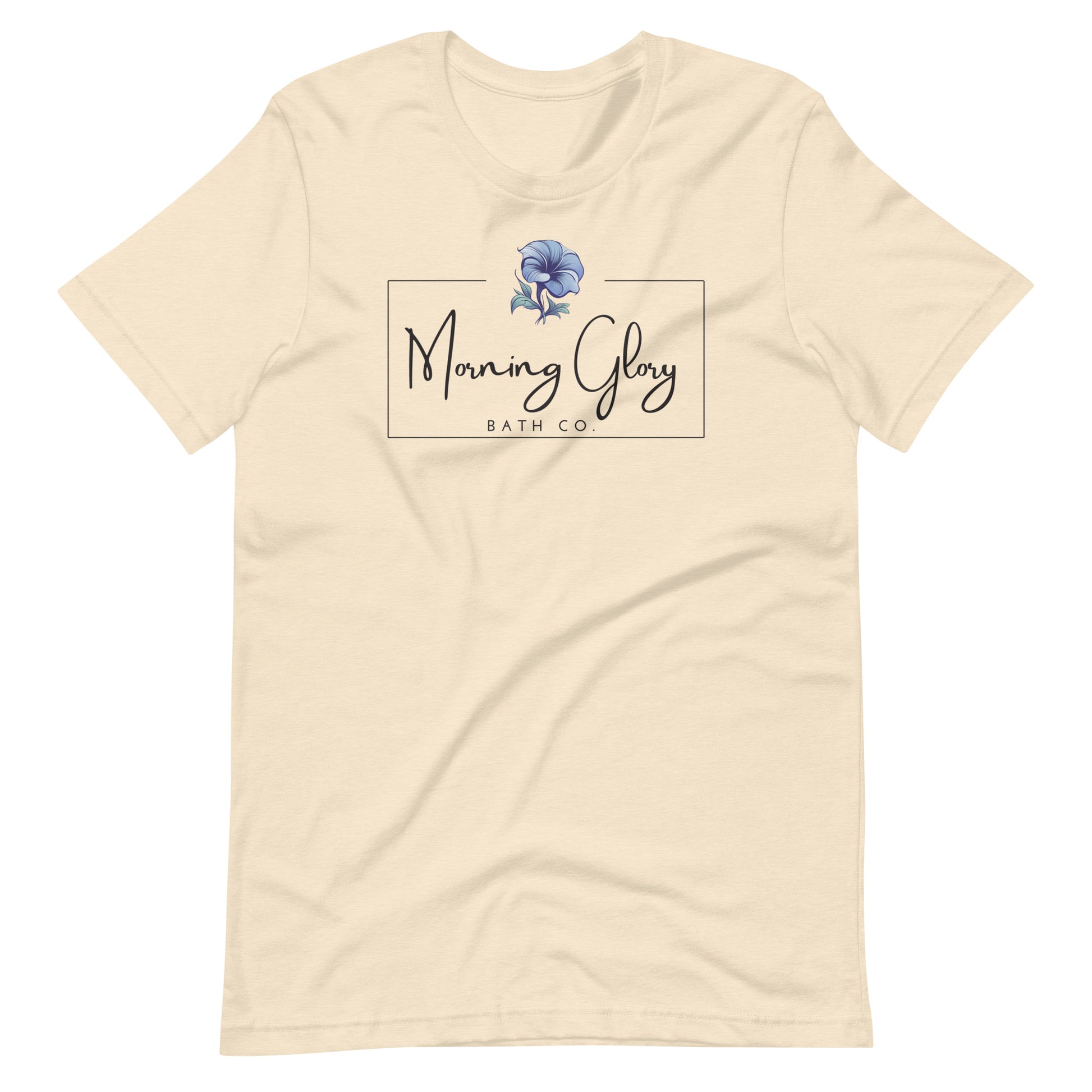 A heather natural Morning Glory Bath Co t-shirt featuring the brand logo with a blue flower graphic against a plain white background