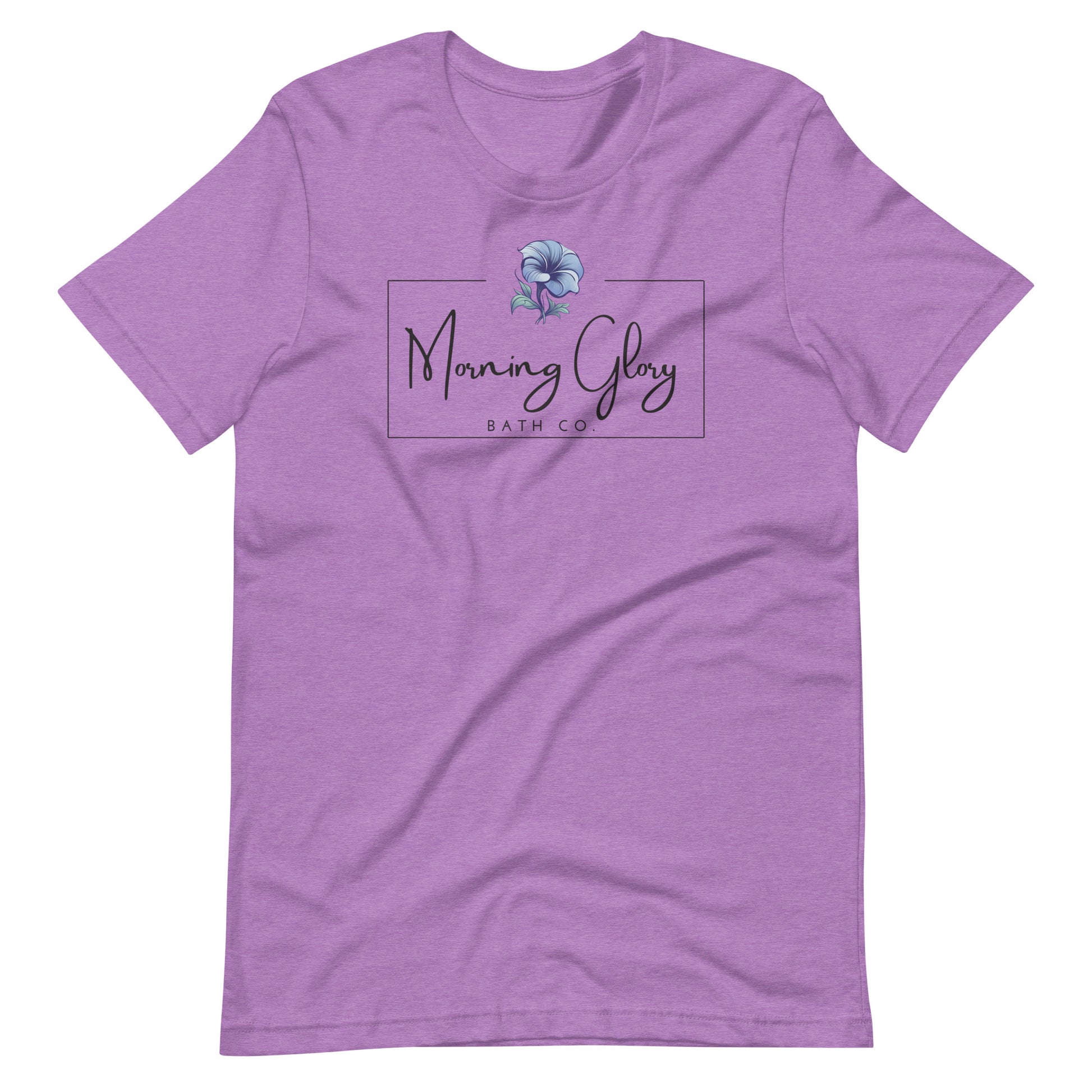 A heather team purple Morning Glory Bath Co t-shirt featuring the brand logo with a blue flower graphic against a plain white background