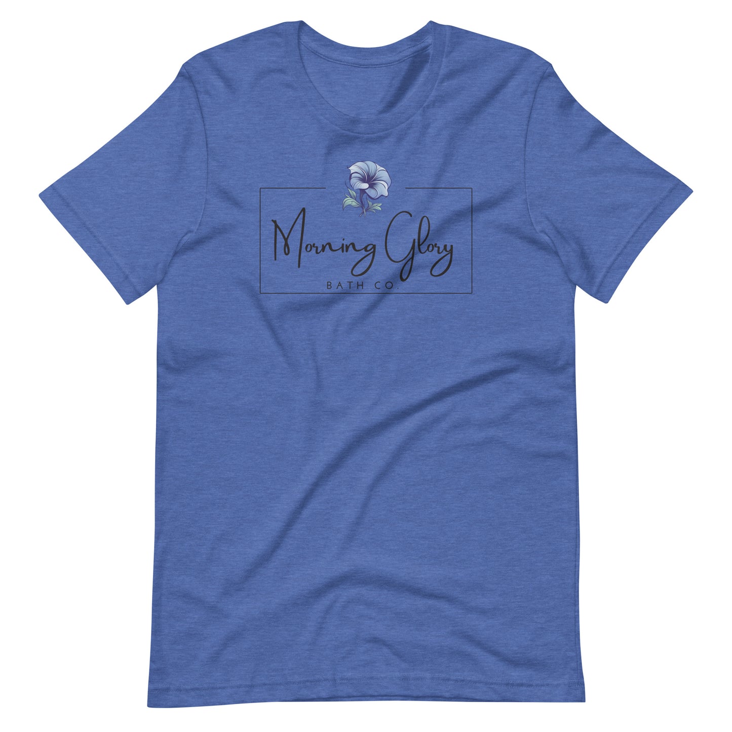 A heather true royal Morning Glory Bath Co t-shirt featuring the brand logo with a blue flower graphic against a plain white background