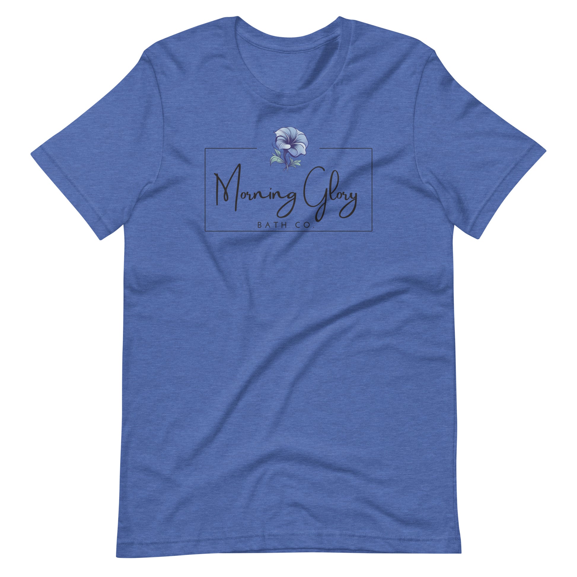 A heather true royal Morning Glory Bath Co t-shirt featuring the brand logo with a blue flower graphic against a plain white background