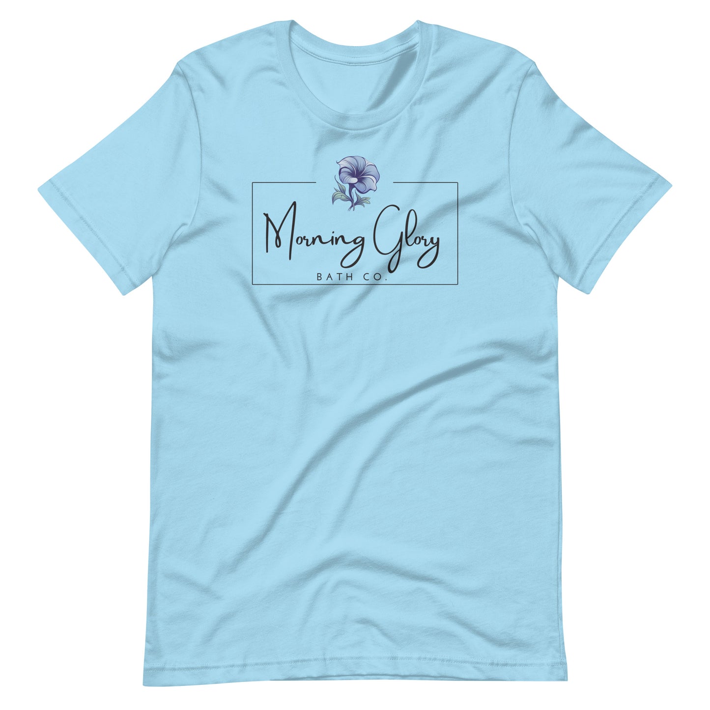 A ocean blue Morning Glory Bath Co t-shirt featuring the brand logo with a blue flower graphic against a plain white background