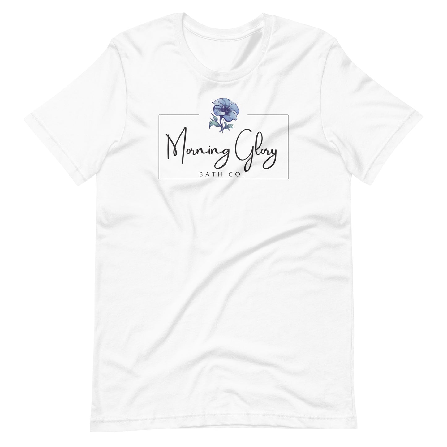 A solid white blend Morning Glory Bath Co t-shirt featuring the brand logo with a blue flower graphic against a plain white background