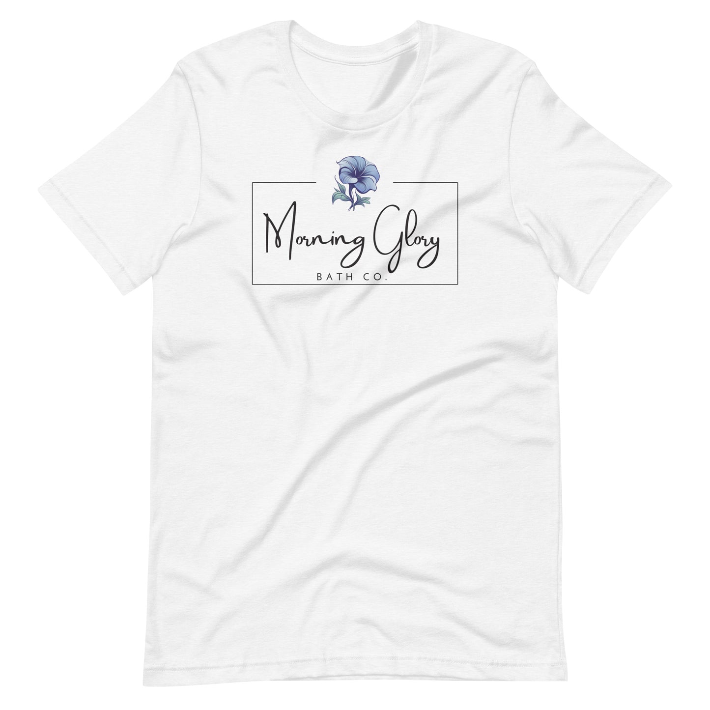 A white Morning Glory Bath Co t-shirt featuring the brand logo with a blue flower graphic against a plain white background