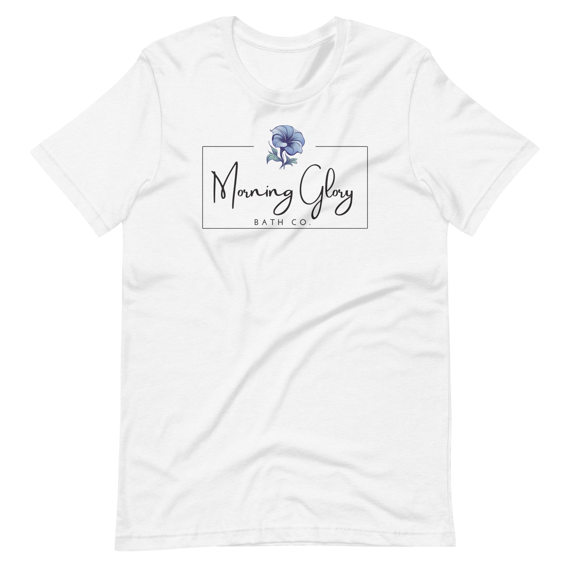 A white Morning Glory Bath Co t-shirt featuring the brand logo with a blue flower graphic against a plain white background
