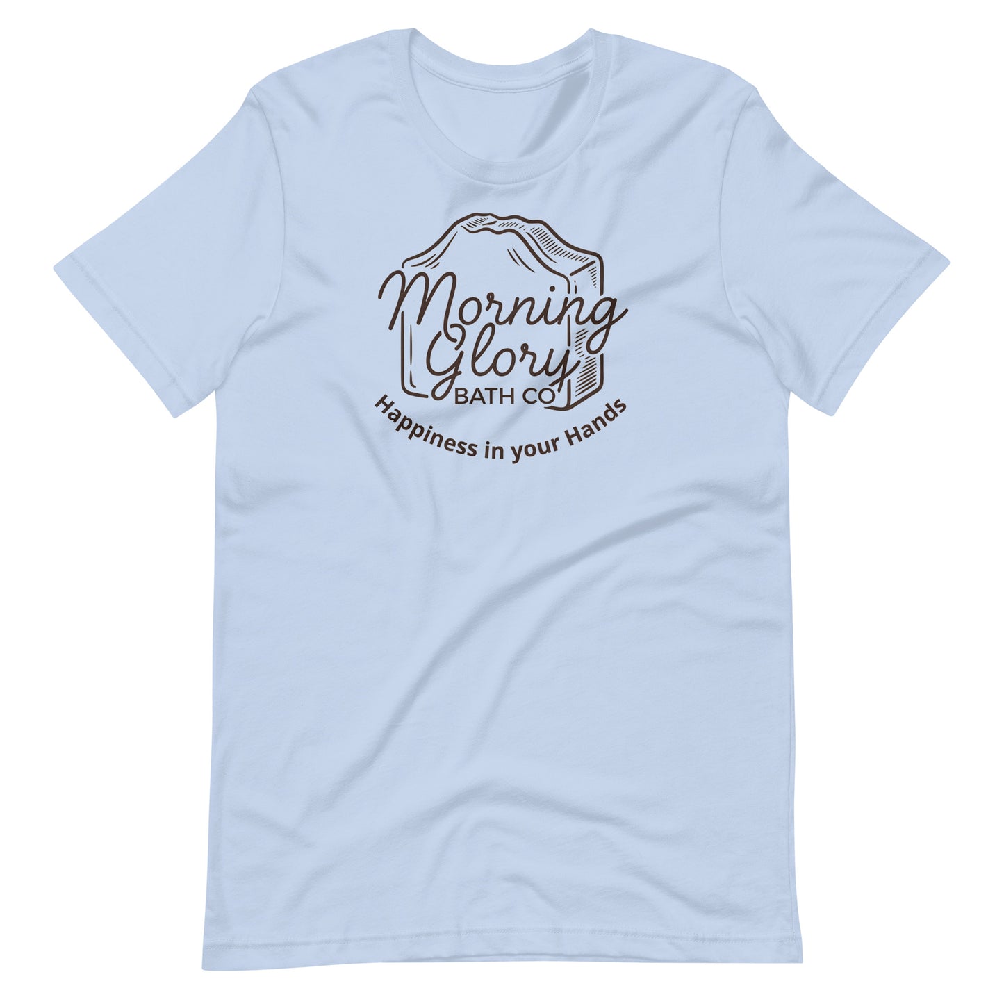 Baby Blue Morning Glory t-shirt with brown soap loaf logo and Happiness in your Hands text