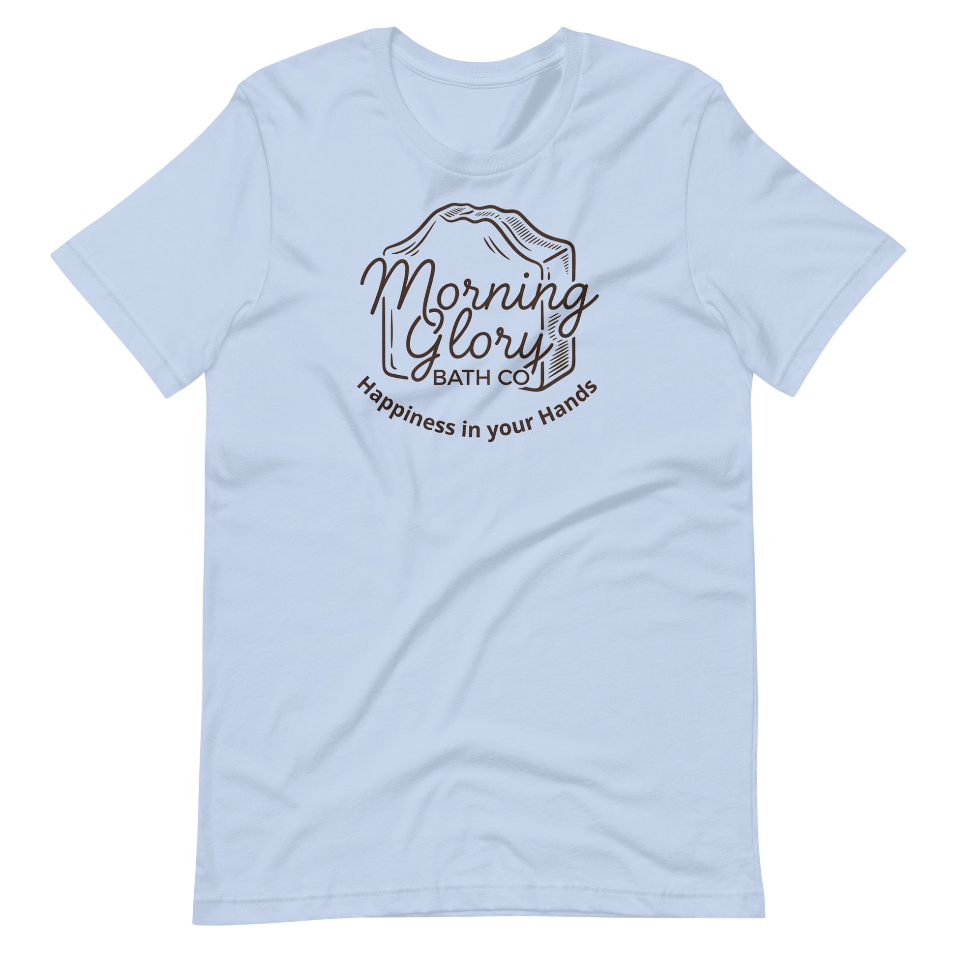 Baby Blue Morning Glory t-shirt with brown soap loaf logo and Happiness in your Hands text