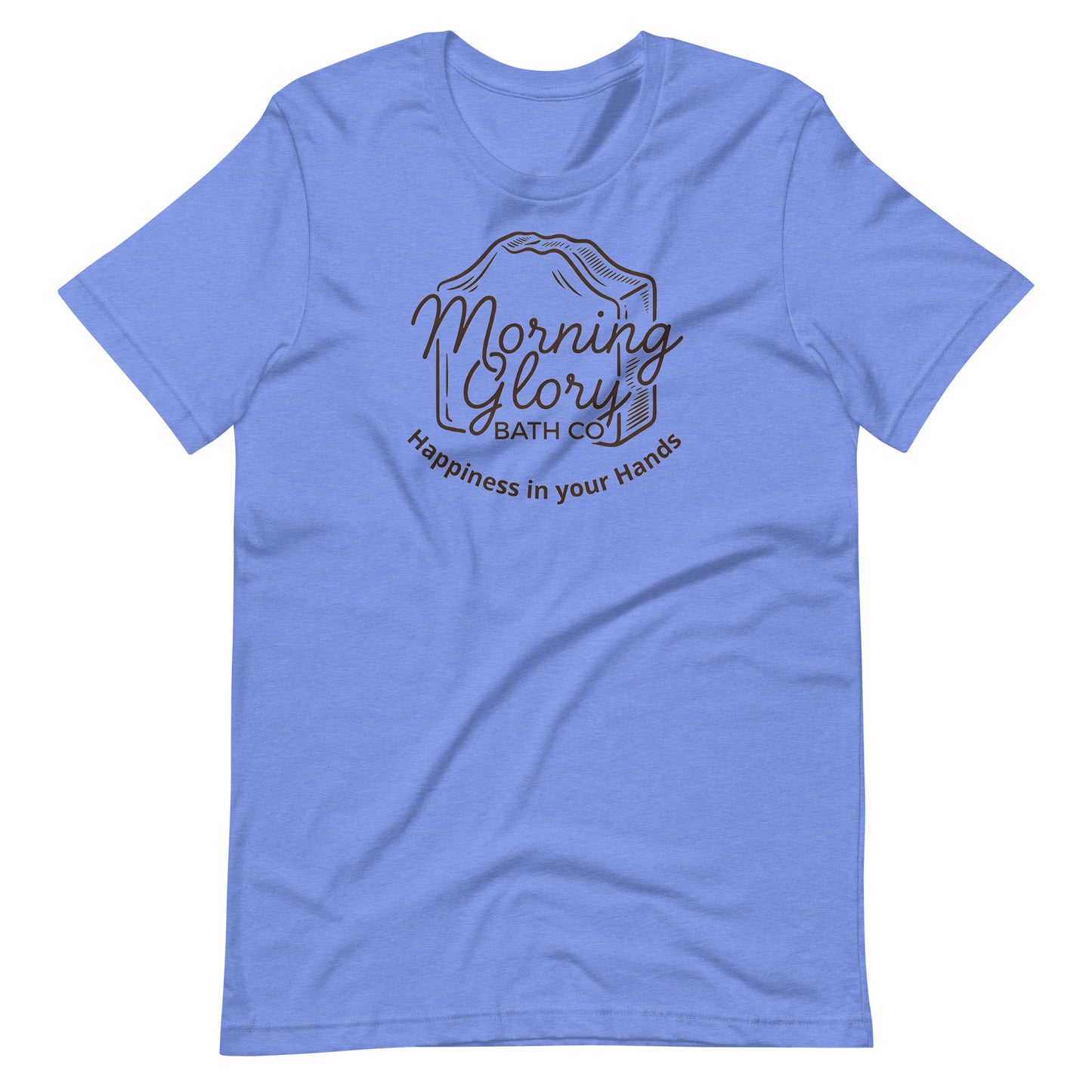 Heather Carolina Blue Morning Glory t-shirt with brown soap loaf logo and Happiness in your Hands text