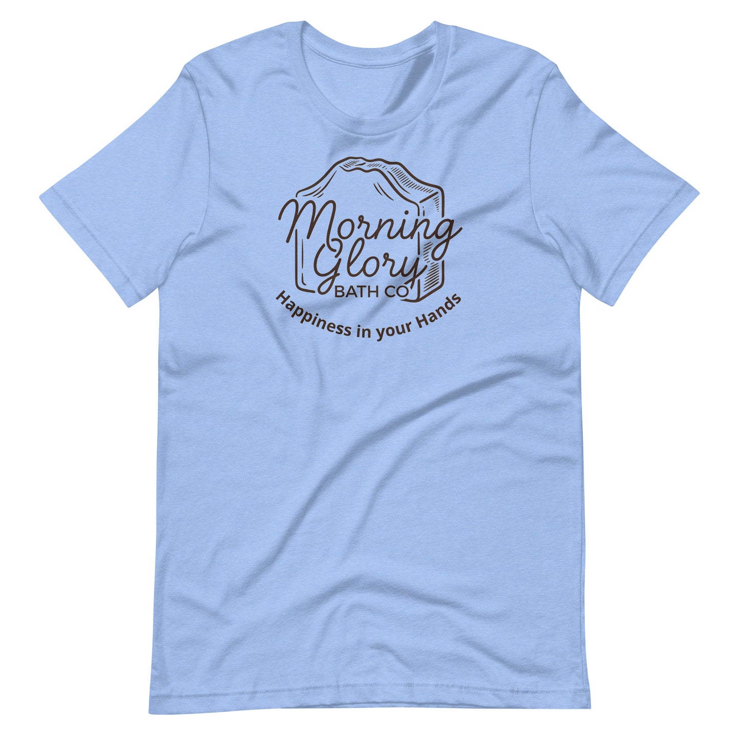 Heather Columbia Blue Morning Glory t-shirt with brown soap loaf logo and Happiness in your Hands text