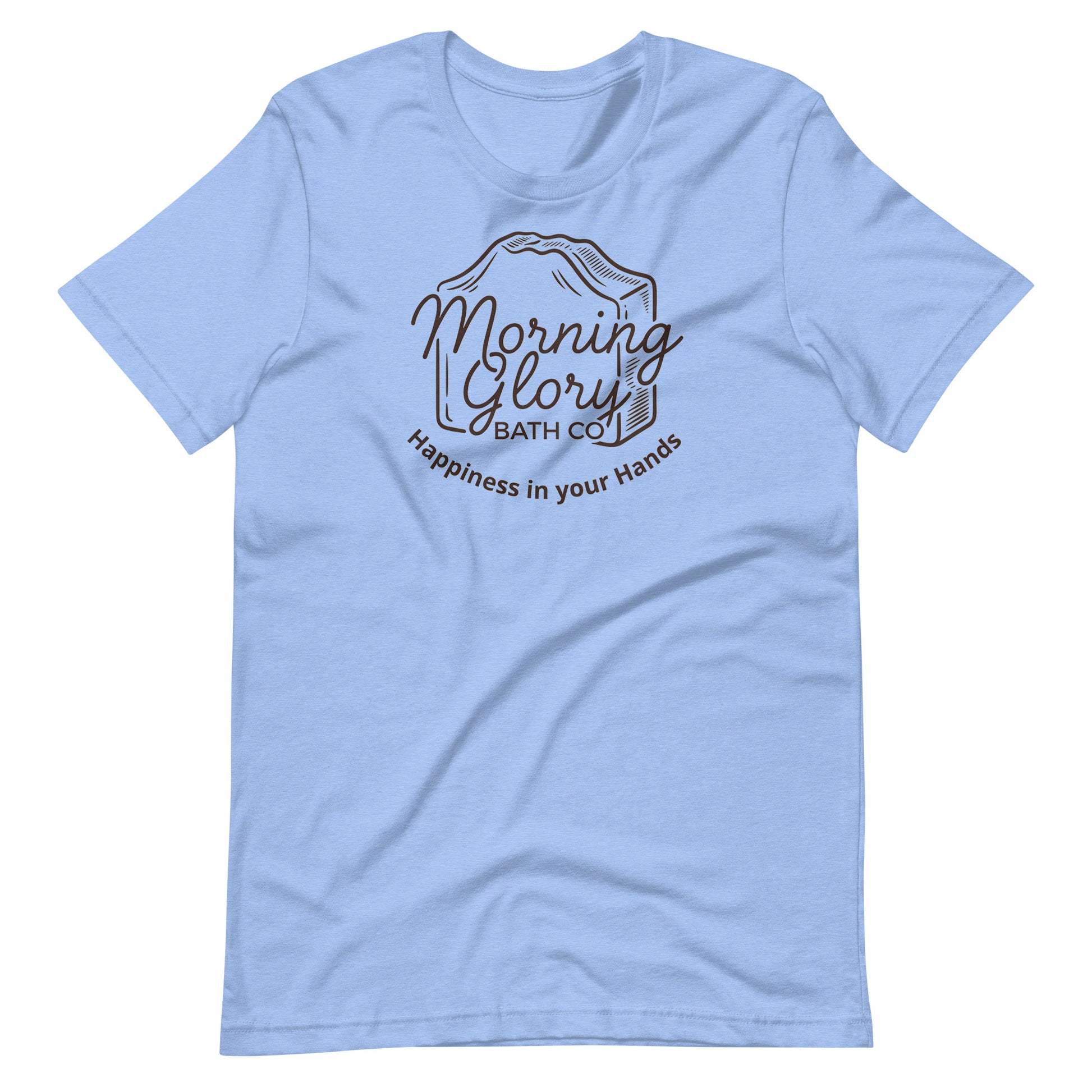 Heather Columbia Blue Morning Glory t-shirt with brown soap loaf logo and Happiness in your Hands text