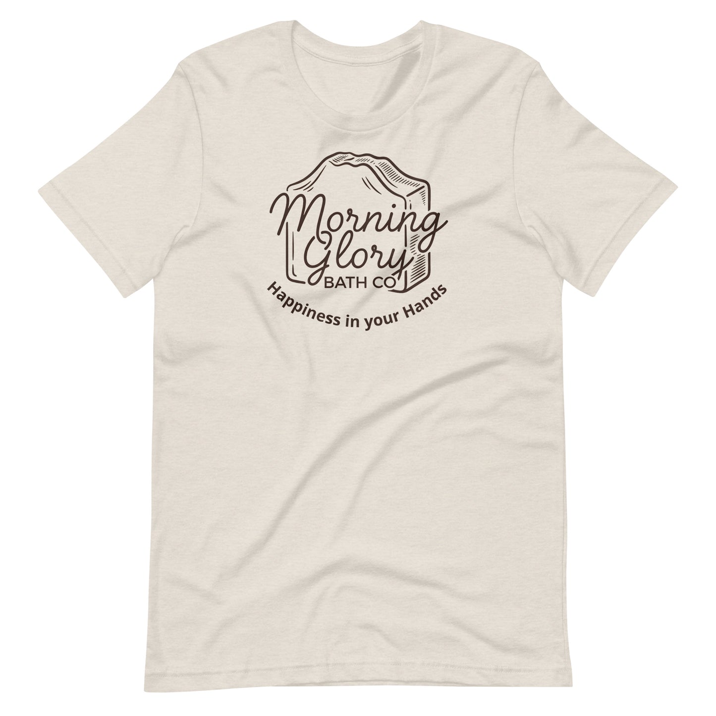 Heather Dust Morning Glory t-shirt with brown soap loaf logo and Happiness in your Hands text