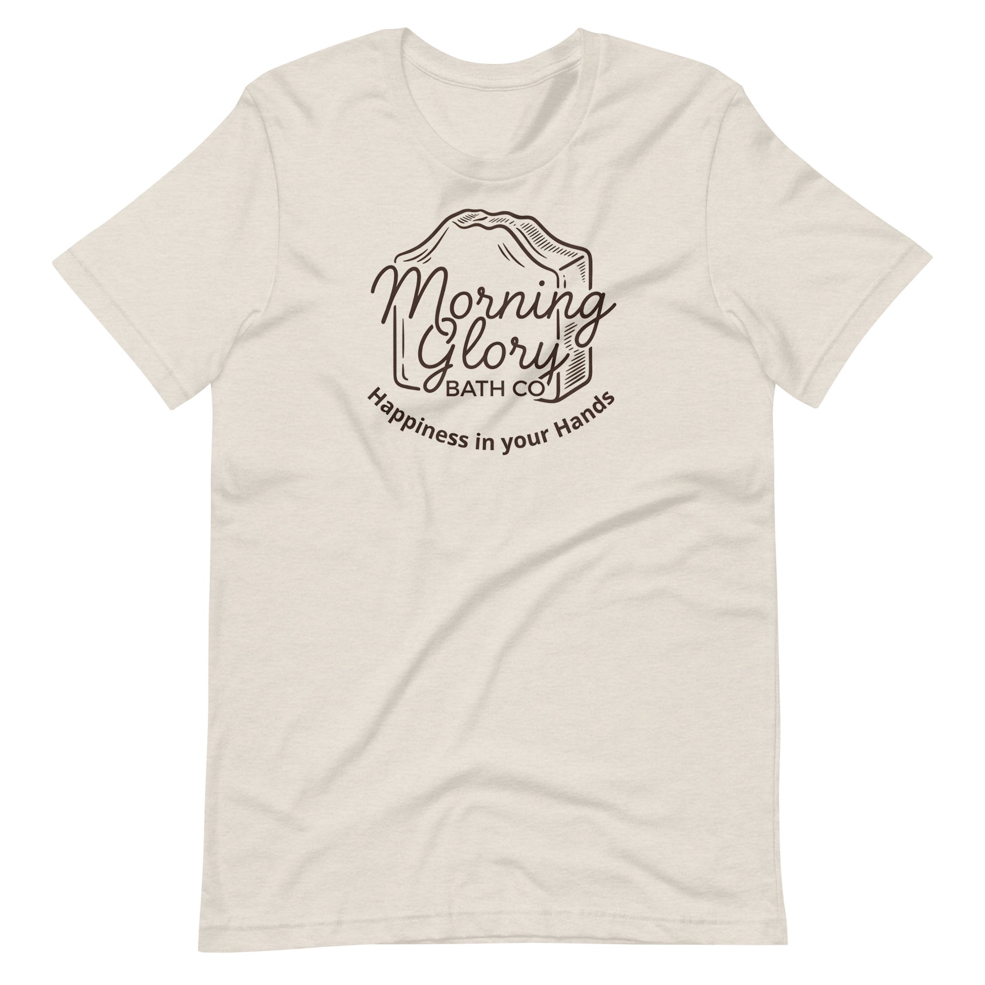 Heather Dust Morning Glory t-shirt with brown soap loaf logo and Happiness in your Hands text